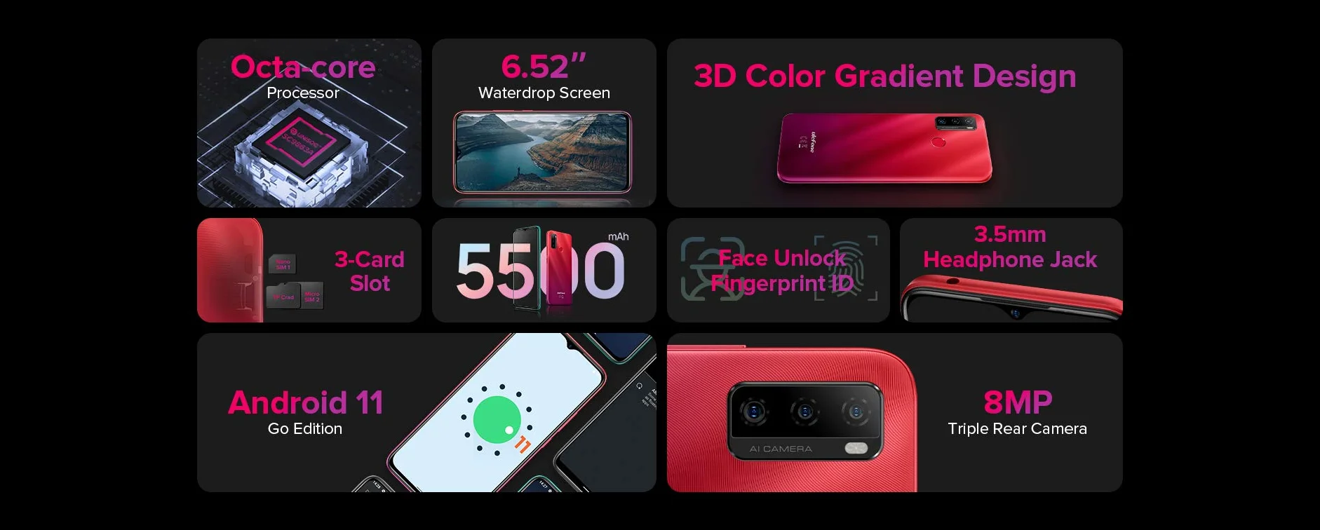Ulefone Smartfon z systemem Android 11 bez umowy, Note 10, telefon komórkowy, Dual-SIM + dedykowany SD, akumulator 5500 mAh (ładowanie OTG), 32 GB ROM, ekran kropli wody 6,52", odcisk palca +