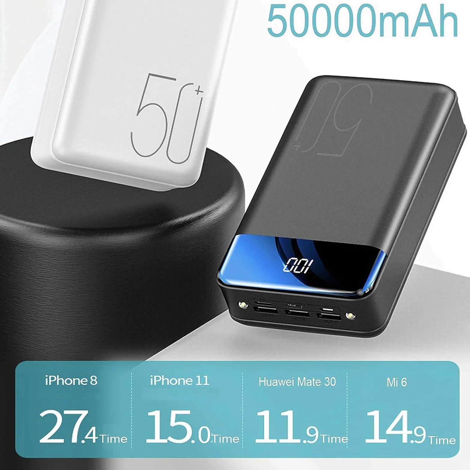 Power Banks 50000mAh przenośna ładowarka prosta stylowa i kompaktowa konstrukcja szybkie ładowanie do inteligentnych telefonów, tabletów, aparatu (czarna)