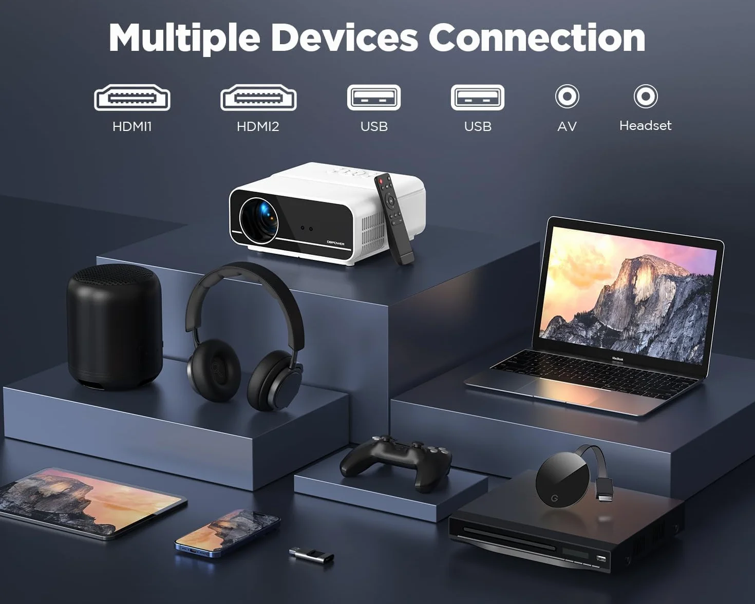 Projektor DBPOWER 4K z WiFi 5G i dwustronnym Bluetooth, projektor zewnętrzny 600ANSI FHD Native 1080P z 4P4D/PPT/Zoom, mini projektor domowy kompatybilny z TV Stick (biały)
