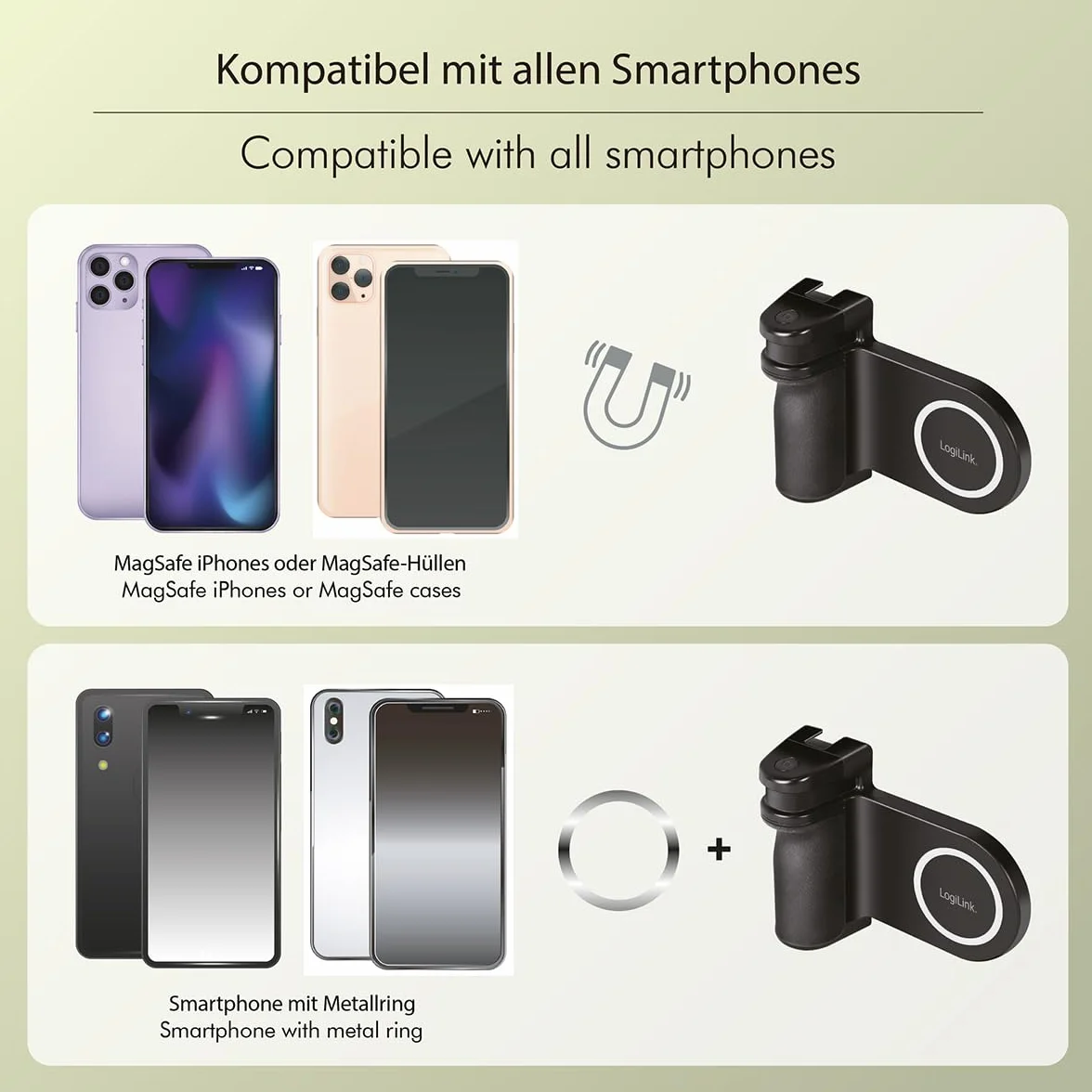 LogiLink AA0173 - magnetyczny uchwyt do smartfona ze światłem LED, wyzwalacz aparatu, kompatybilny z MagSafe