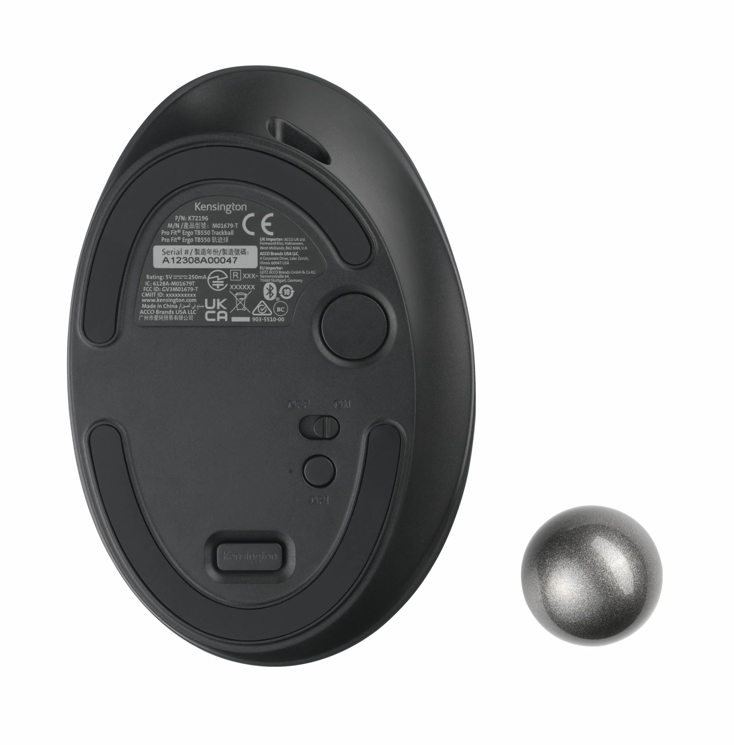 Kensington Trackball Pro Fit Ergo TB550 Bluetooth 2.4 GHz, Ergonomiczna Mysz, 34 mm, Obsługiwany Kciukiem, Pokrętło 4D, 51% Plastiku z Recyklingu (K72196WW)