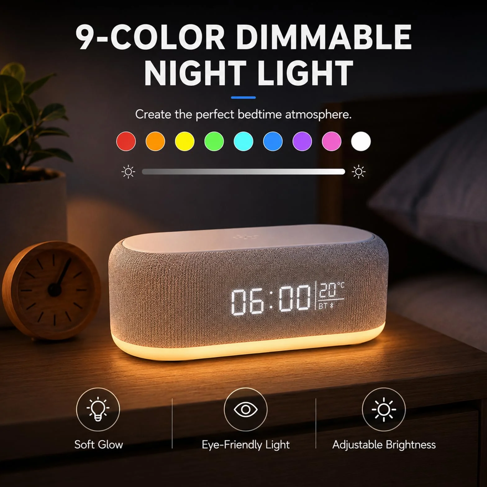 BYZESTY Radiobudzik Bluetooth z ładowaniem bezprzewodowym 15W, budzik radiowy cyfrowy, budzik audio Bluetooth cyfrowy 6 w 1 z światłem nocnym i zegarem, ładowarka USB do nocnego stoliku i biurka