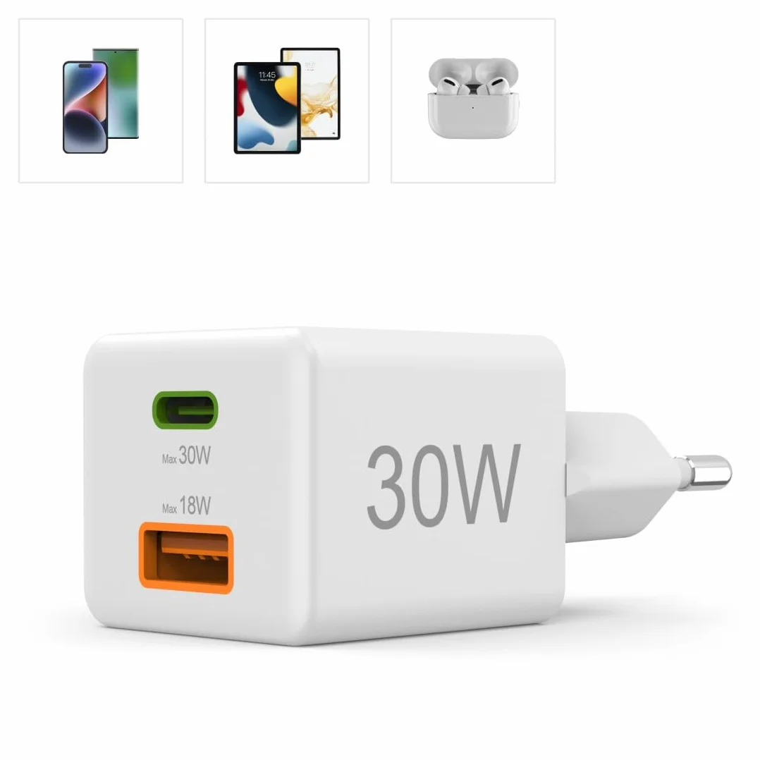 Hama Ładowarka sieciowa do telefonu 30 W (USB C, USB A, adapter do ładowania, Power Delivery, Ouick Charge, do ładowania) biała