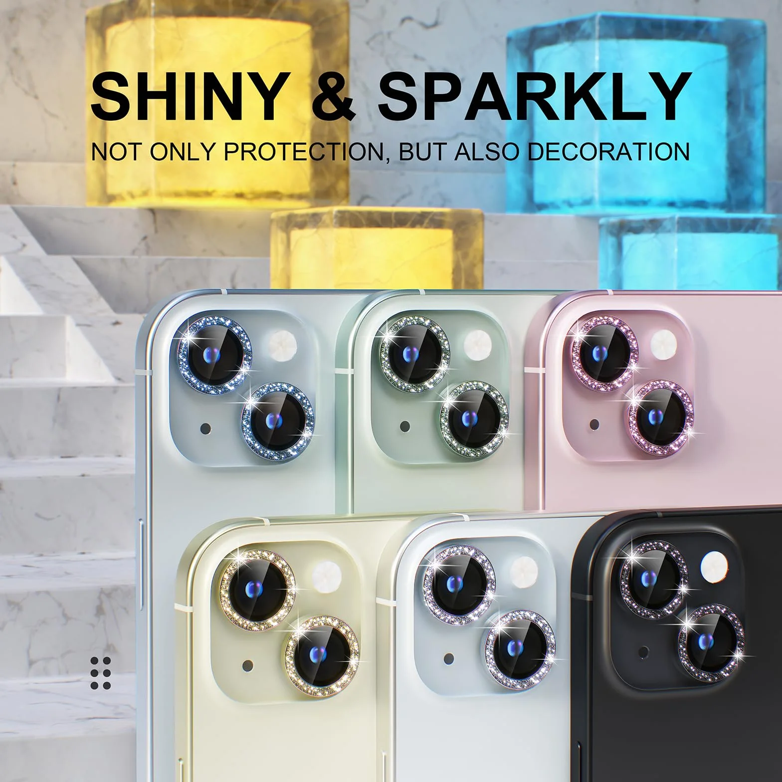 Choiche Osłona obiektywu aparatu kompatybilna z iPhone 15 iPhone 15 Plus brokat srebrny | Bling, szkło hartowane 9H, osłona ekranu aparatu, metalowa dekoracja pierścienia, akcesoria