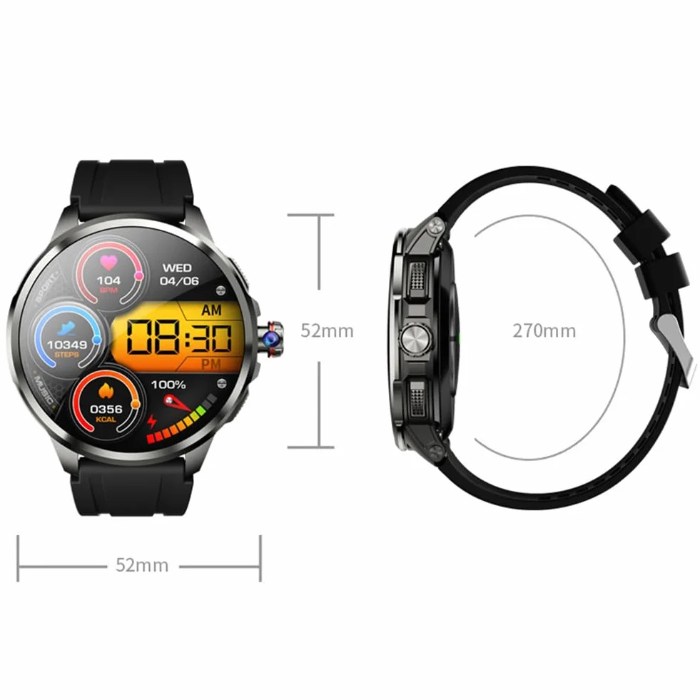 Smartwatch 1,95'' z kartą SIM, z wyciąganą kamerą o wysokiej rozdzielczości obracającą się o 190°, tętno w czasie rzeczywistym, monitorowanie ciśnienia krwi i tlenu we krwi, wodoodporność IP67