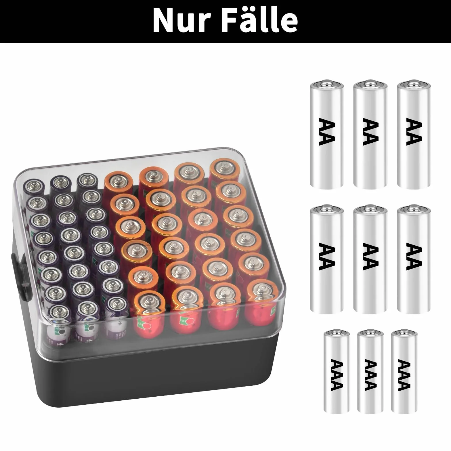 Organizer na baterie, pojemnik na 48 szt. baterii AA AAA, plastikowy, przezroczysty, ochronny uchwyt na baterie do podróży, domu, biura, czarny, rozmiar M