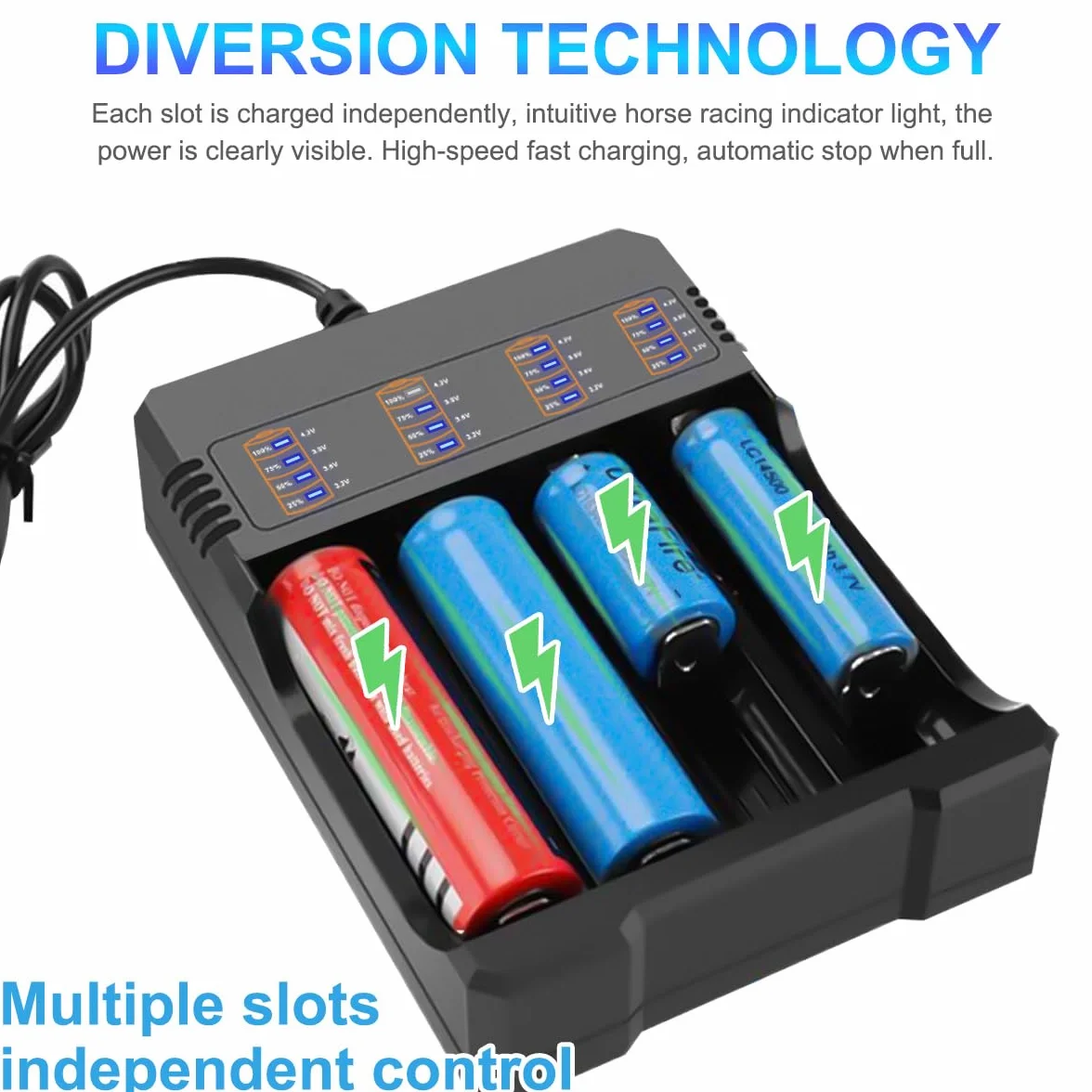 18650 Ładowarka, 4 Bay Smart Universal Charger Wyświetlacz LED kompatybilny 26650 21700 18650 18490 16340 14500 10440 do 3,7 V litowo-jonowy akumulator