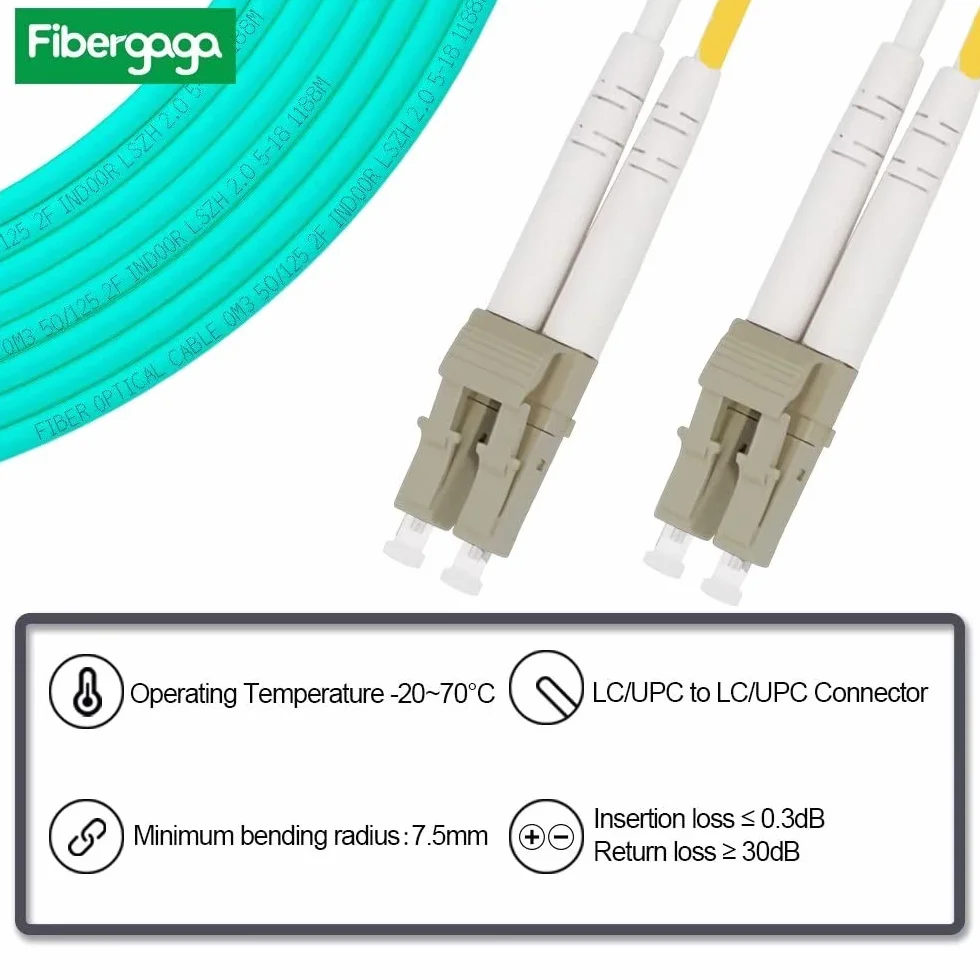 Kabel światłowodowy OM3 LC do LC 10 m, wielomodowy kabel światłowodowy duplex 10 GB, kabel światłowodowy 50/125 µm | opcja długości: 0,5 m) - 100 m