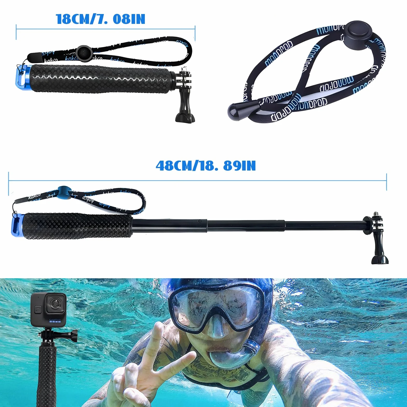 Wodoodporny wysuwany kij do selfie, aluminiowy uchwyt do GoPro 3+/4/3/2/5, 48.3 cm