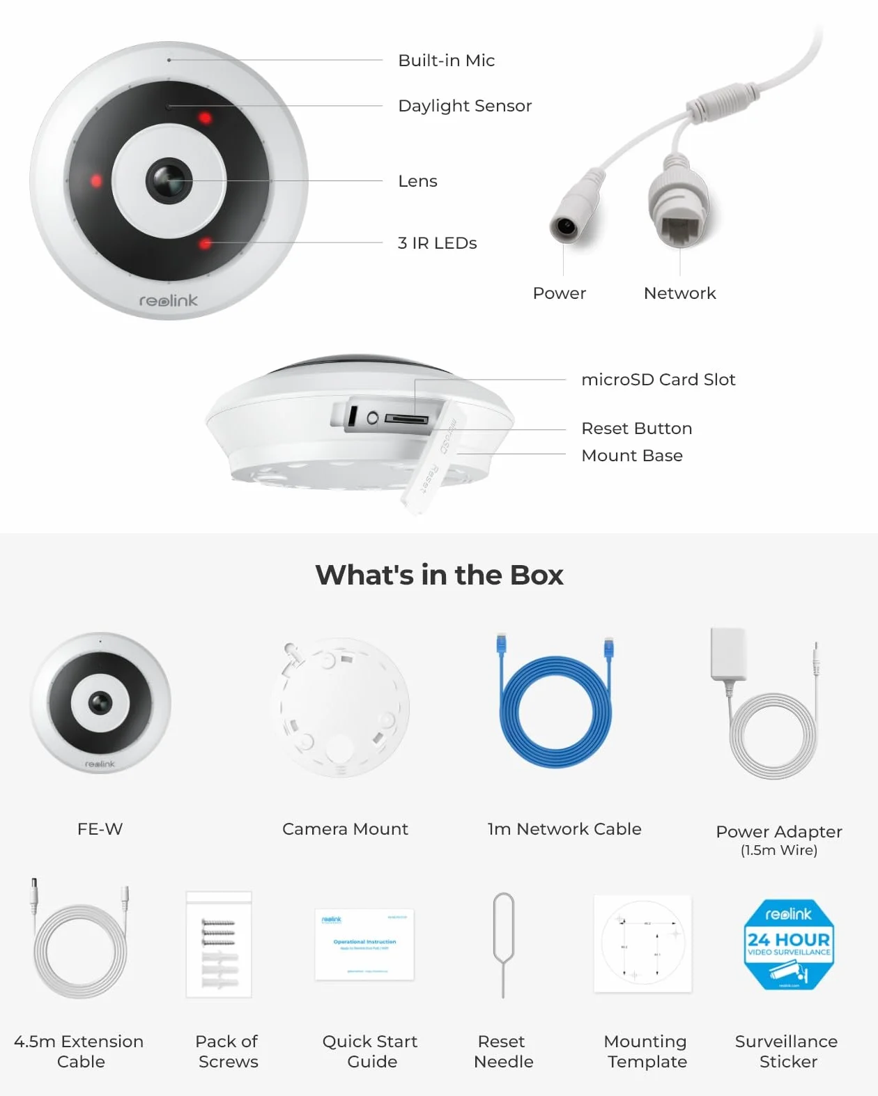 Reolink 6MP 360° Panorama Fisheye Camera, 2.4/5GHz Wi-Fi kamera Bezpieczeństwa Wewnątrz, Ochrona Domu/biura, Detekcja Ruchu, Korekcja Zniekształceń, Dźwięk Dwukierunkowy, IR Night Vision, FE-W (Biały)