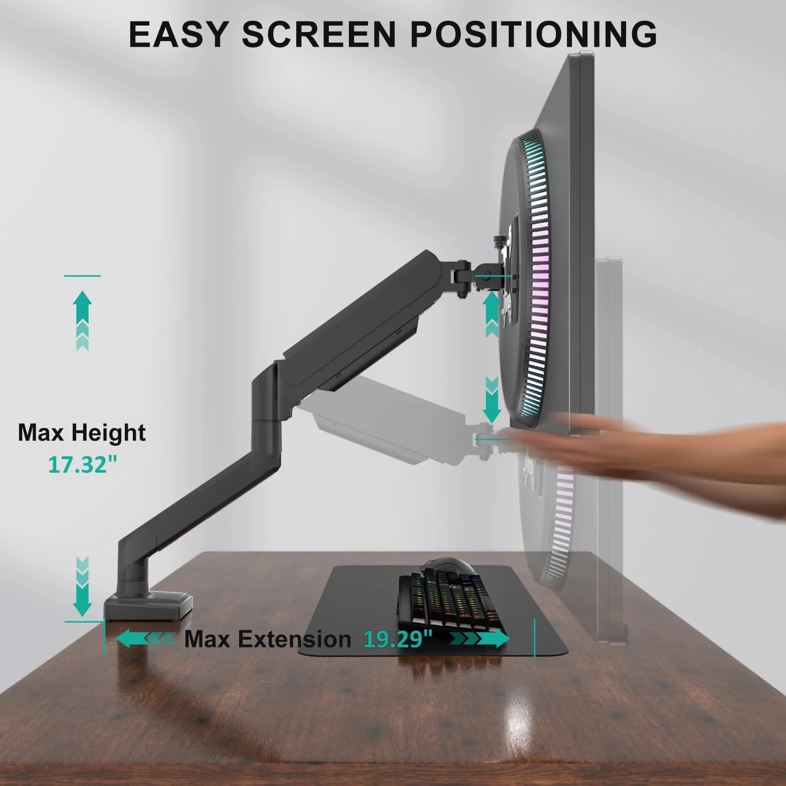 WALI Pojedyncze ramię monitora do ekranów 17-34 cali, ergonomiczne ramię do monitora ze sprężyną gazową do 12 kg, regulowany stojak na monitory komputerowe z zaciskiem i podstawą przelotki, VESA 75
