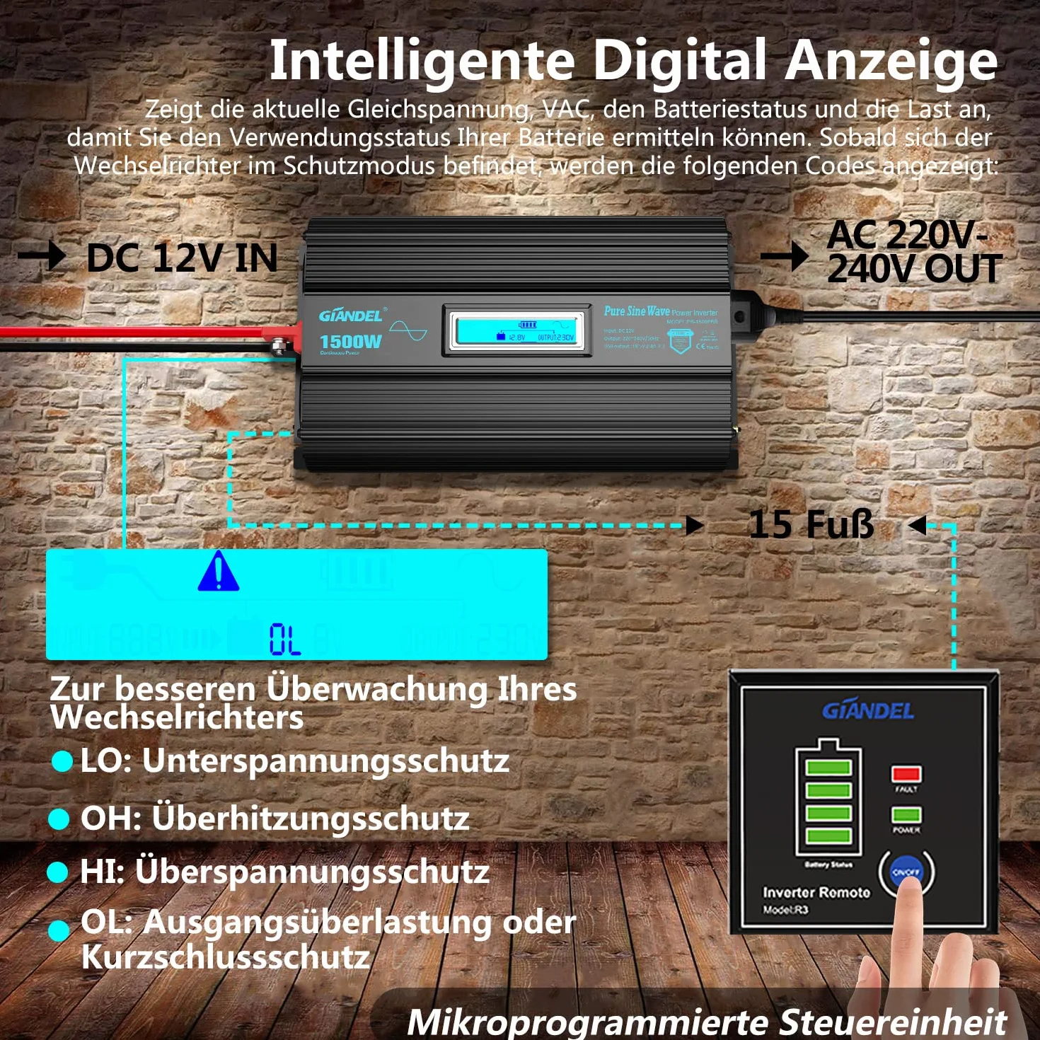 GIANDEL Falownik 1500 W, 12 V na 230 V, czysta sinusoidalna przetwornica napięcia z magnetycznym pierścieniem z ekranem LCD, pilot zdalnego sterowania, kabel do akumulatora z czystej miedzi, do domu