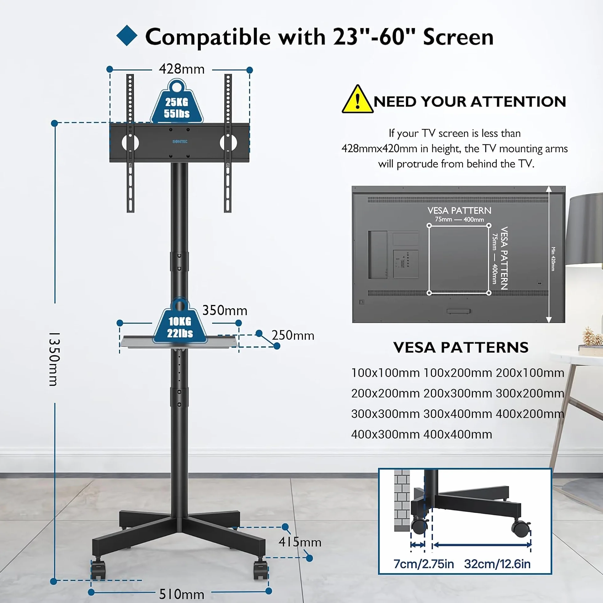 BONTEC Mobilny Stojak TV na Kółkach do Telewizorów Plazmowych/LCD/LED 23-60 cali, Przenośny Stojak TV z Półką na Laptopa, Wózek TV z Regulacją Wysokości na Kółkach do 25kg, Max. VESA 400x400mm
