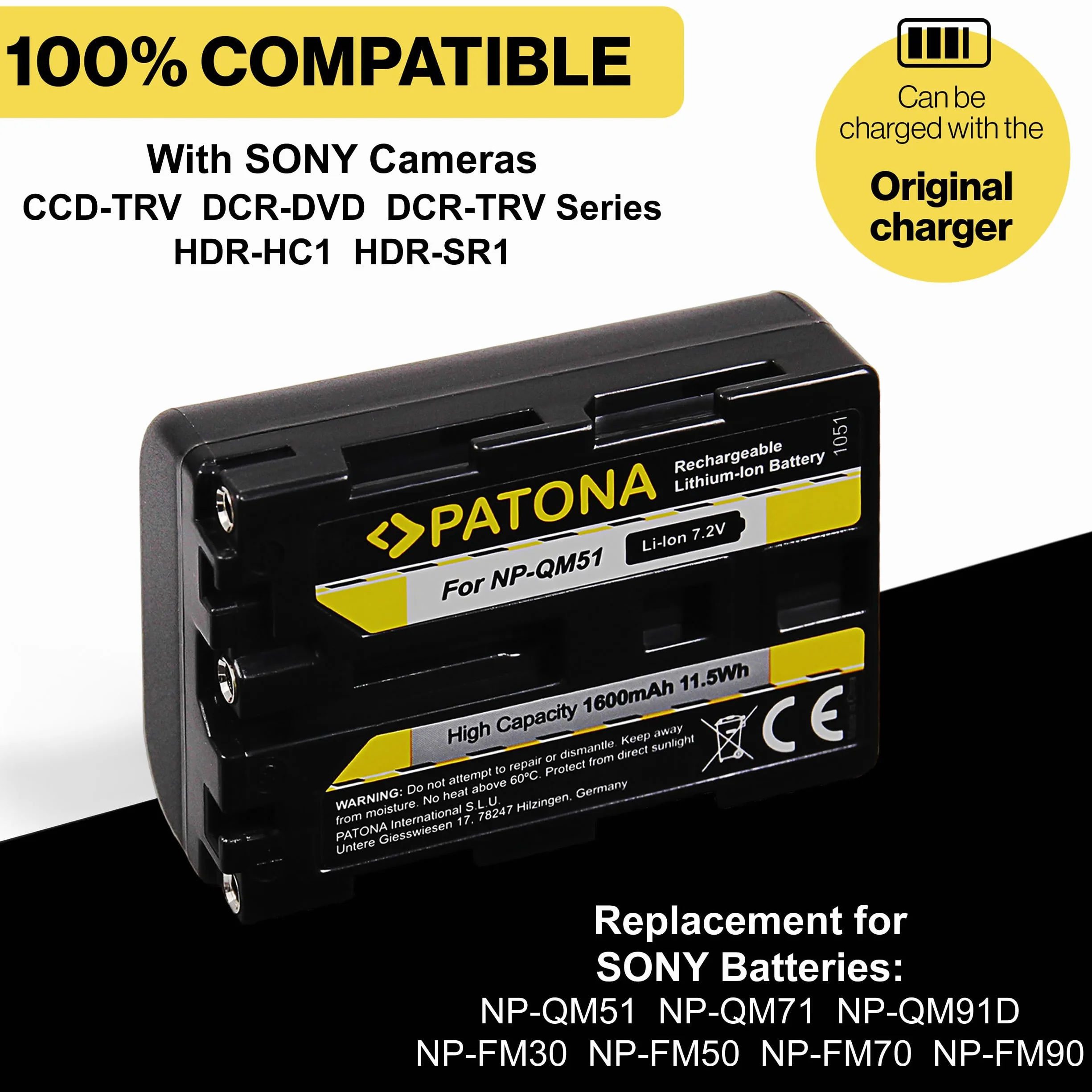 PATONA 2X Akumulator do Sony NP-QM51 QM71D QM91D QM71 FM70 FM90 1600mAh | Akumulator zamienny do kamer DSLR-A100 NP FM30 FM50 CCD TRV106K 108 116 128 DCR DVD91 100 200 HC14 TRV6 TRV8