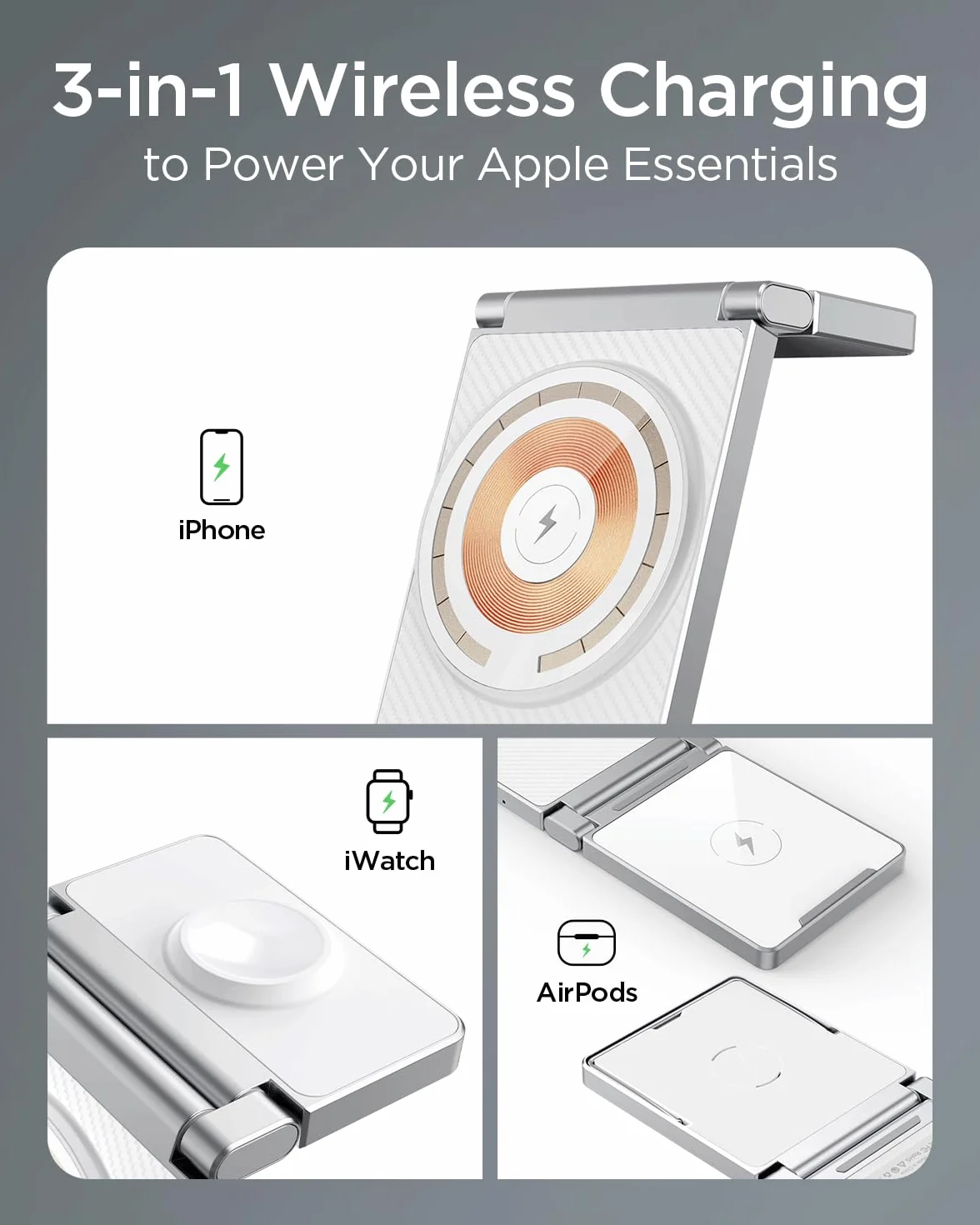 Bezprzewodowa ładowarka, 3 w 1, ze stopu cynku, składana, magnetyczna stacja ładująca [kompatybilna z ładowarką Magsafe] do iPhone 15/14/13/12, AirPods Pro/3/2, iWatch 9/8/7/6/SE/5/4/3/2