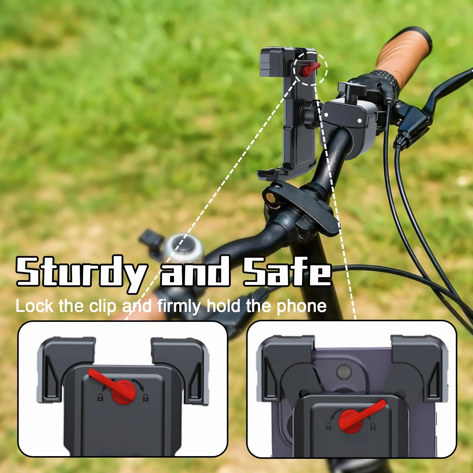Uniwersalny uchwyt rowerowy na kierownicę 360° obrót [bezpieczny zamek] uchwyt motocyklowy na smartfon do iPhone'a, Samsunga i wszystkich telefonów 4,5-7,0 cala