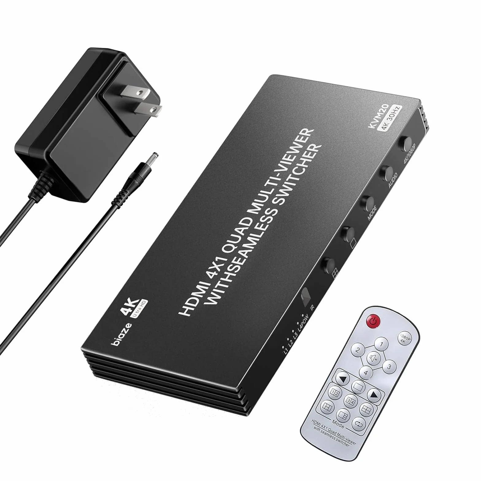 KVM20 4K HDMI Switch 4 x 1, wyjście 4 w 1 z pilotem zdalnego sterowania i zasilaczem, Ultra HD 1080p / 3D/4K 30Hz, 4 tryby dzielonego ekranu do PS5, Fire TV i monitorów, 4 wejścia 1 wyjście