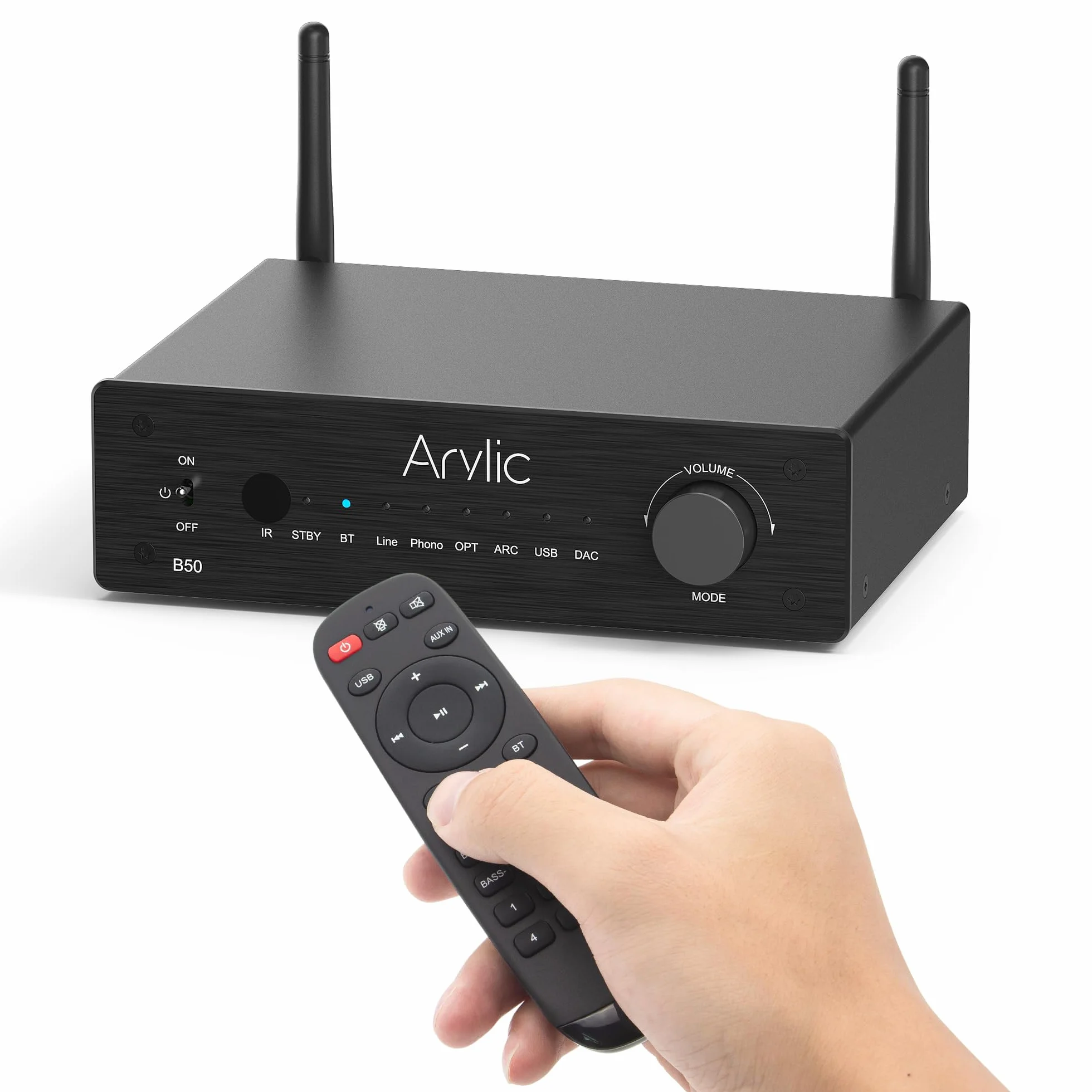 Arylic B50 wzmacniacz z Bluetooth, wzmacniacz stereo, 2-kanałowy 50 W x 2 Home Audio AMP, z HDMI, ARC, Opt, DAC, wejście Phono. Obsługuje transmisję i odbiór muzyki aptX High-Definition.