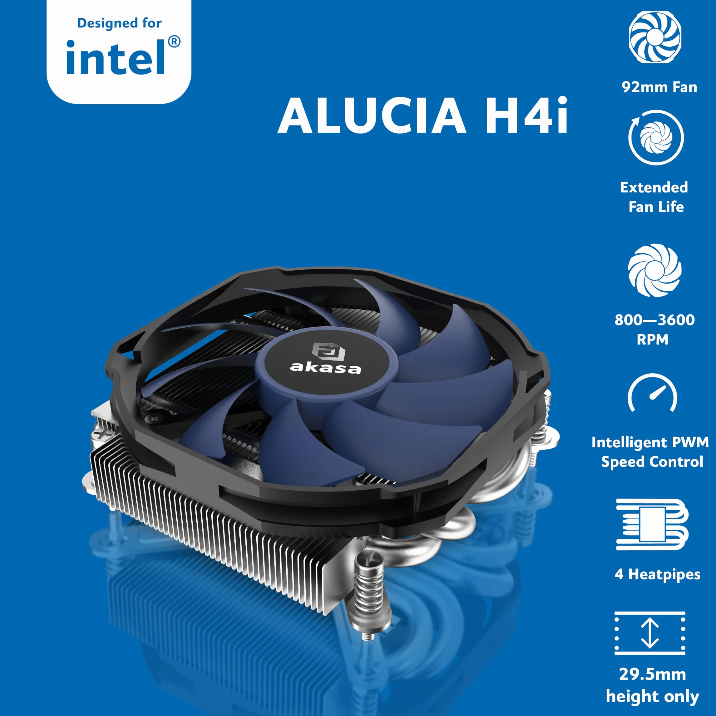 Akasa Alucia H4i, Intel LGA1700/1200/115X kompatybilny z 4 końcówkami rur grzewczych z kulką chłodzącą CPU, wentylator 92 mm, maksymalna prędkość 3600 RPM, wentylator chłodzący o niskim poziomie