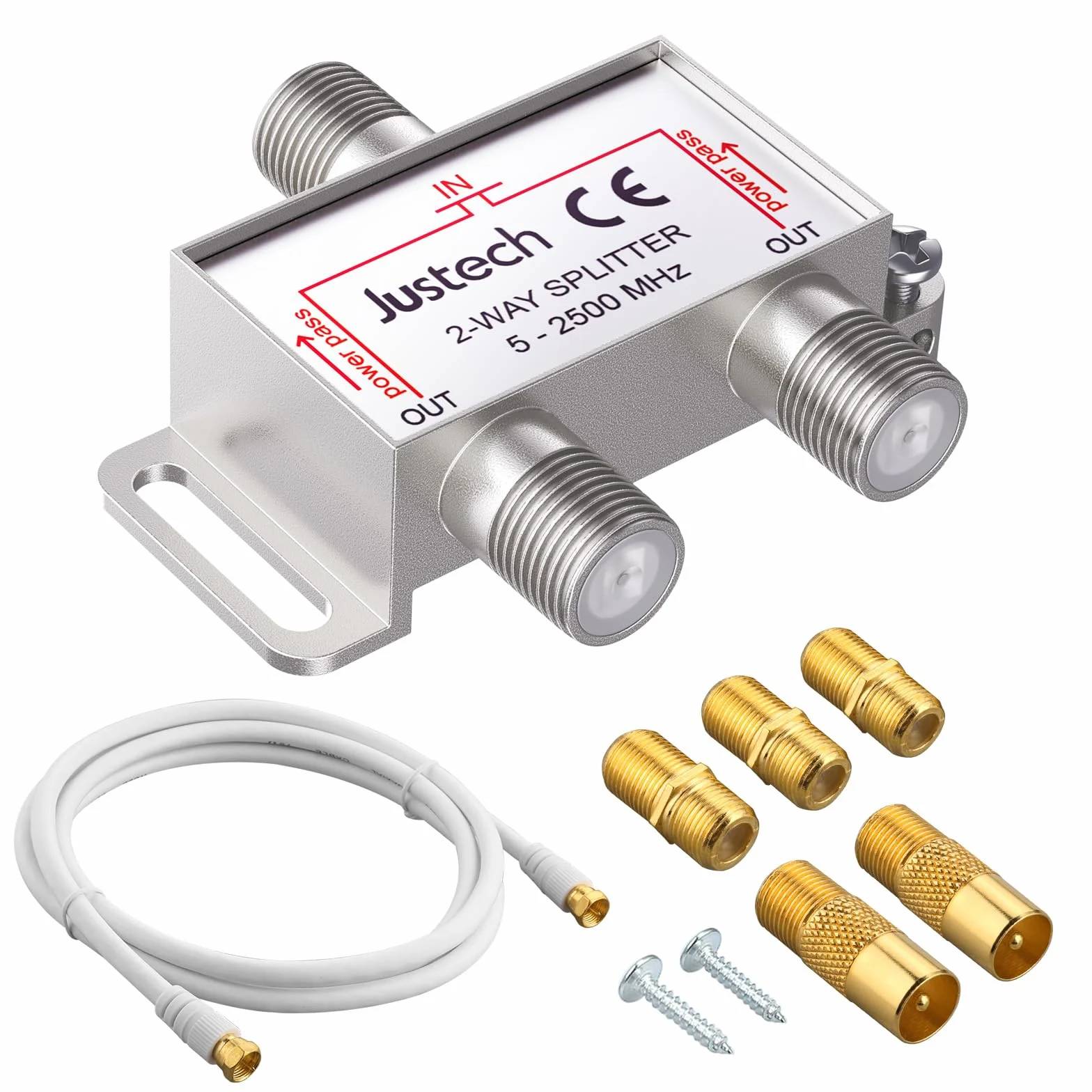 Justech 2-krotny adapter telewizyjny radio F wtyczka kabel antenowy rozdzielacz satelitarny rozdzielacz metalowy rozdzielacz TV w zestawie adapter + kabel + 2 x wtyczka F do wtyczki koncentrycznej + 3