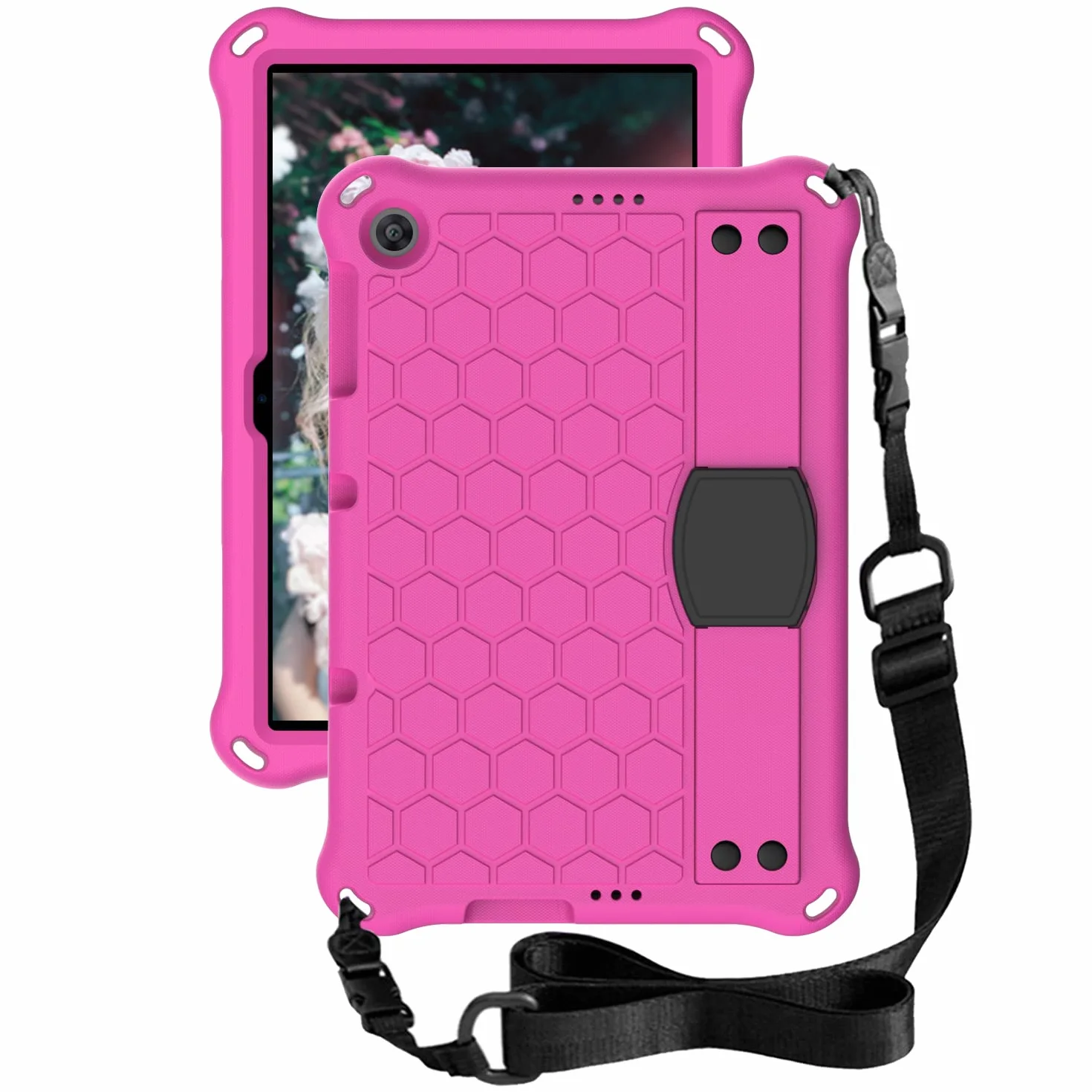 Etui ochronne do Huawei MatePad T10 9,7 cala / MatePad T10s 10,1 cala / Enjoy Tablet 2 (2020), wytrzymałe, odporne na wstrząsy silikonowe etui ochronne z uchwytem stojakiem i paskiem na ramię - różowo-czerwone + czarne