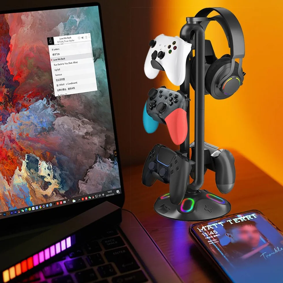 Uniwersalny kontroler do gier i stojak na słuchawki – oświetlenie RGB, porty USB i typu C, do komputerów PC i konsol
