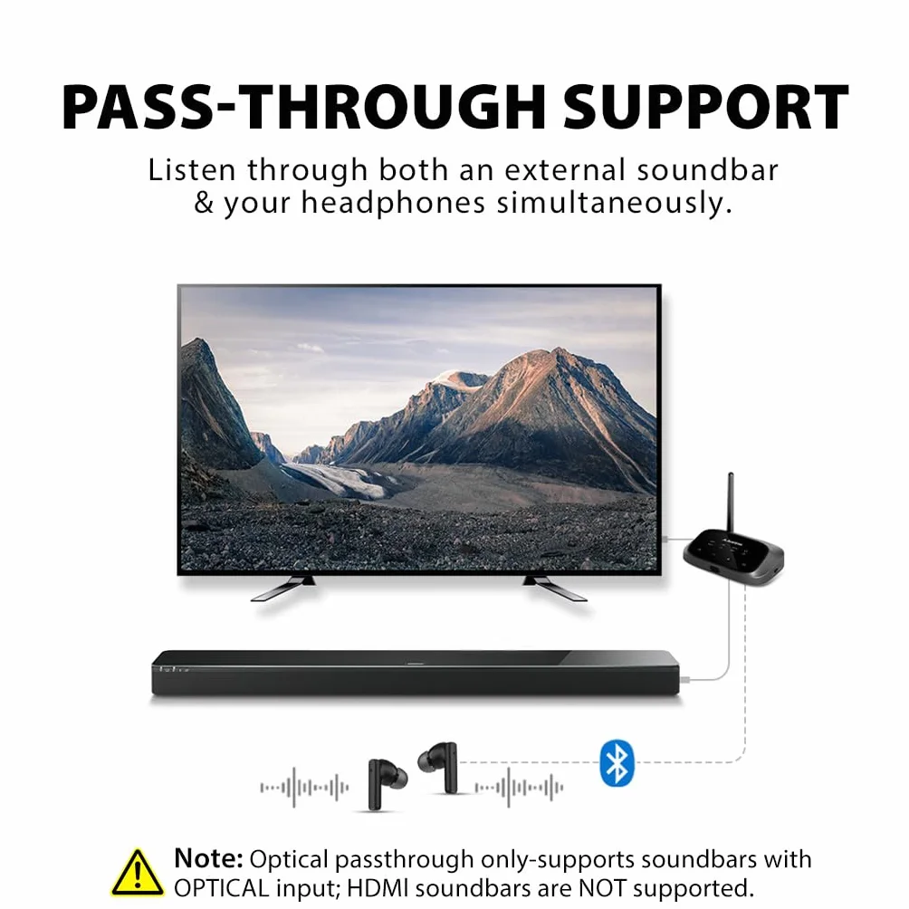 Avantree Oasis Plus 2 – transmiter Bluetooth do TV z pilotem do regulacji głośności, obsługa dwóch słuchawek, aptX Adaptive, passthrough soundbara, do TV z wyjściem optycznym lub AUX
