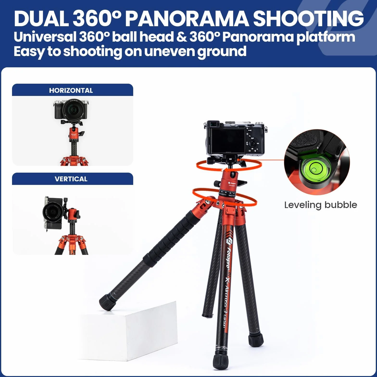 Fotopro 163 cm statyw do kamery z włókna węglowego z kulą monopodu 360 1/4 płyta szybkiego uwalniania, lekki statyw podróżny do aparatu, maksymalne obciążenie 12 kg X Aircross 3 pomarańczowy