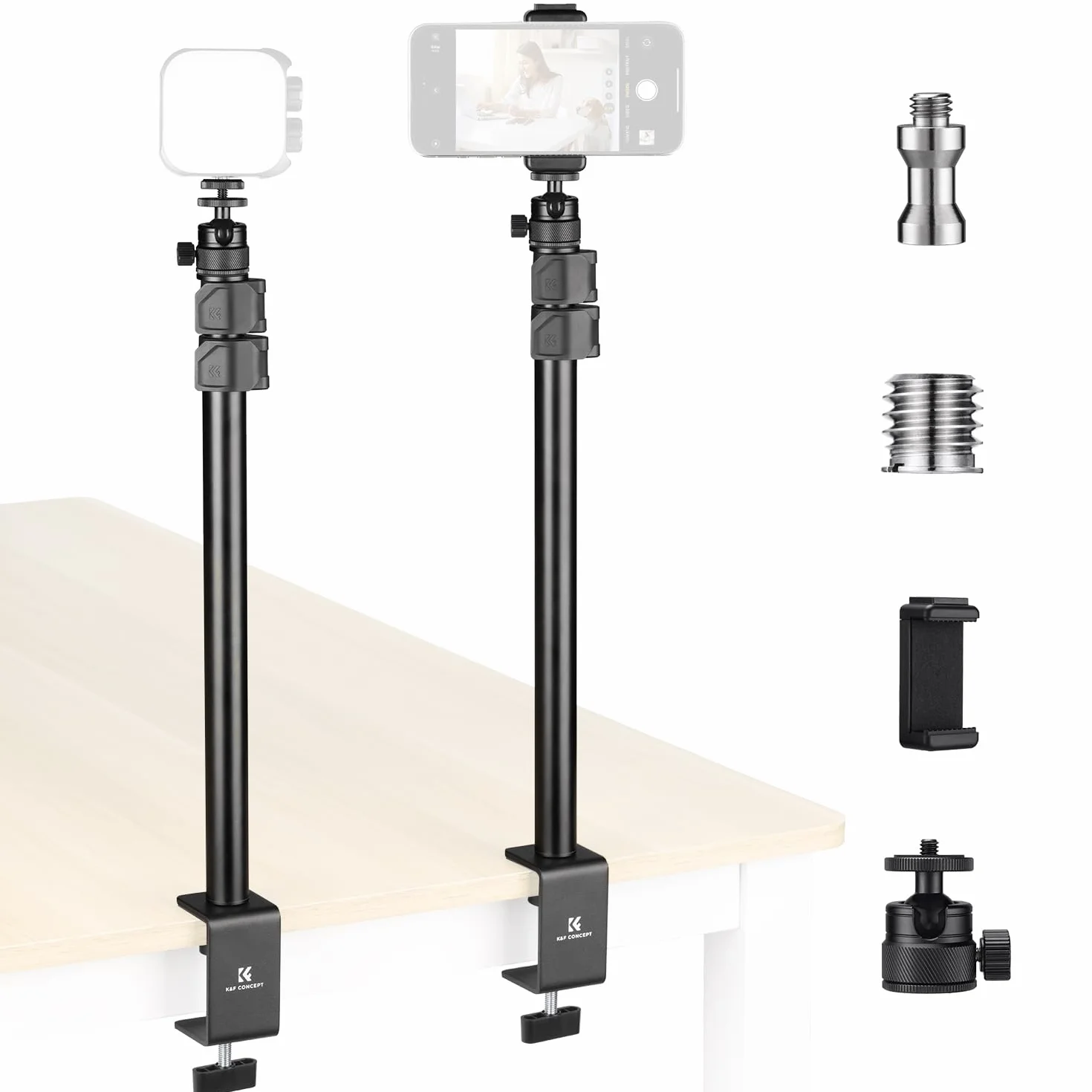 K&F Concept Uchwyt na biurko, uchwyt na aparat z kulą 360° i klipsem na telefon, regulowany uchwyt oświetleniowy 40,6–94 cm, uchwyt stołowy C, do lustrzanek