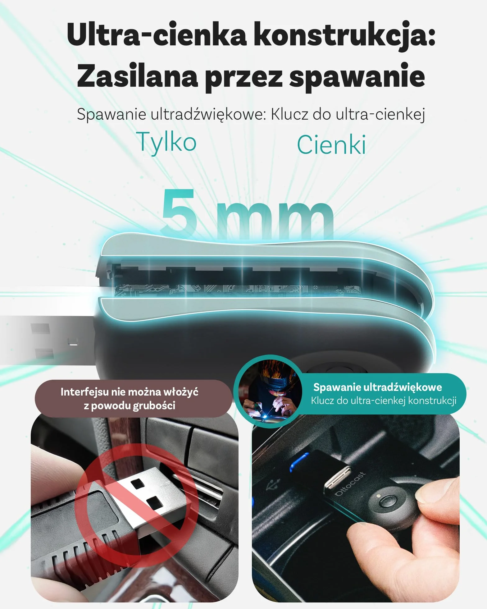 Nowość 2025 Ottocast Mini Flow – Bezprzewodowy adapter CarPlay & Android Auto, Dongle 2 w 1, Plug & Play, Ultra kompaktowy, Kompatybilny z iPhone & Android, Do aut od 2016 (Nie dla BMW/Tesla)