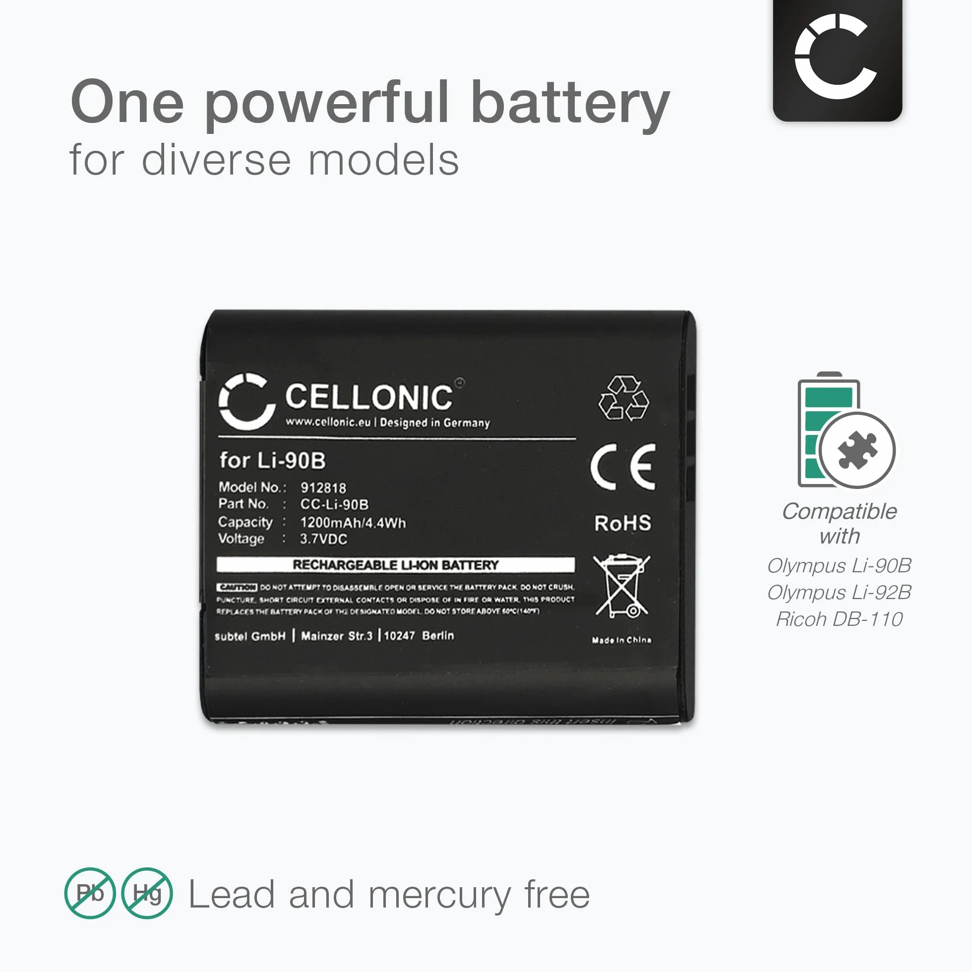 CELLONIC® akumulator kompatybilny z Olympus Tough TG-5 TG-4 TG-3 TG-2 TG-1 TG-Tracker Stylus XZ-2 SP-100ee SH-1 Traveler SH-2 SH-60 SH-50 DS-9000 DS-9500, 1200 mAh Li-90B akumulator litowo-jonowy Bateria