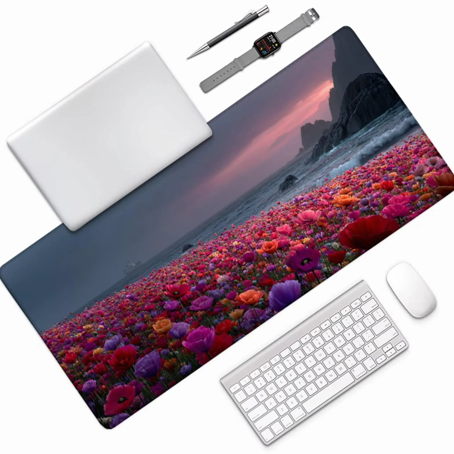 Podkładka pod mysz 1200 x 600 x 3 mm w kwiaty, widok na morze mata na biurko do gier, podkładka pod mysz z gumową podstawą, mata biurowa z przeszyciami na krawędziach, akcesoria dla graczy, do
