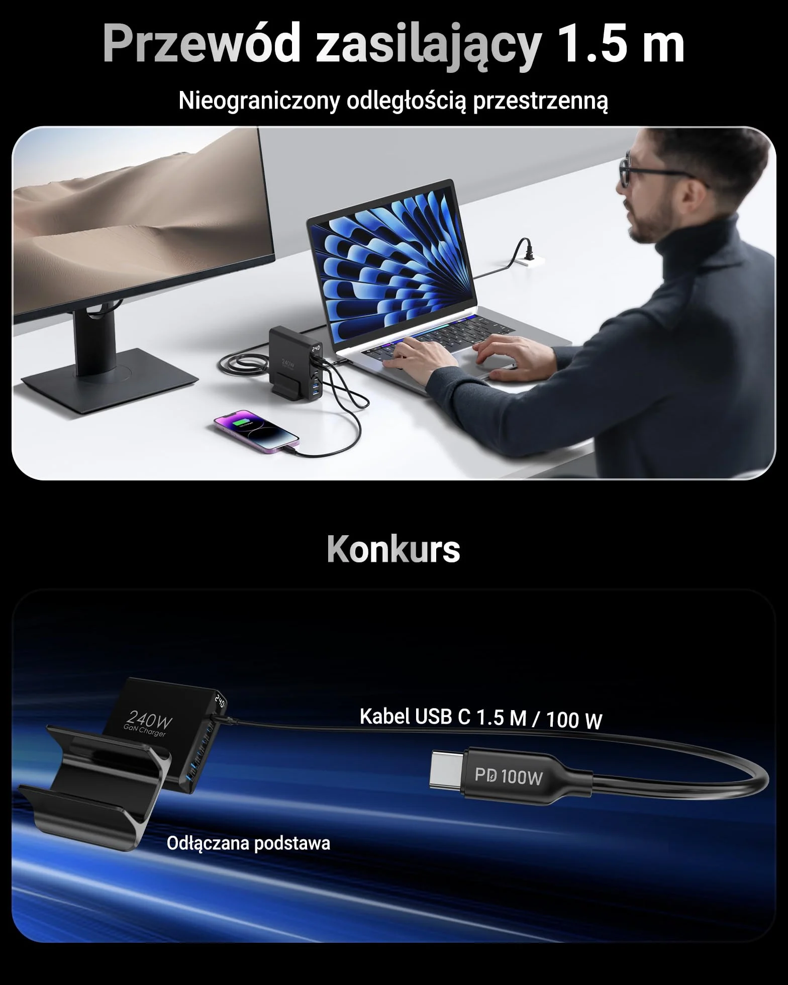 Ładowarka USB C 240W, 6 portów, Ładowarka PD3.1 GaN z wyświetlaczem LED, Stacja Szybkiego Ładowania na Biurko do MacBook Pro/Air, do iPhone Pro/iPad Pro/Dell XPS/Galaxy/laptopów i innych, Czarna
