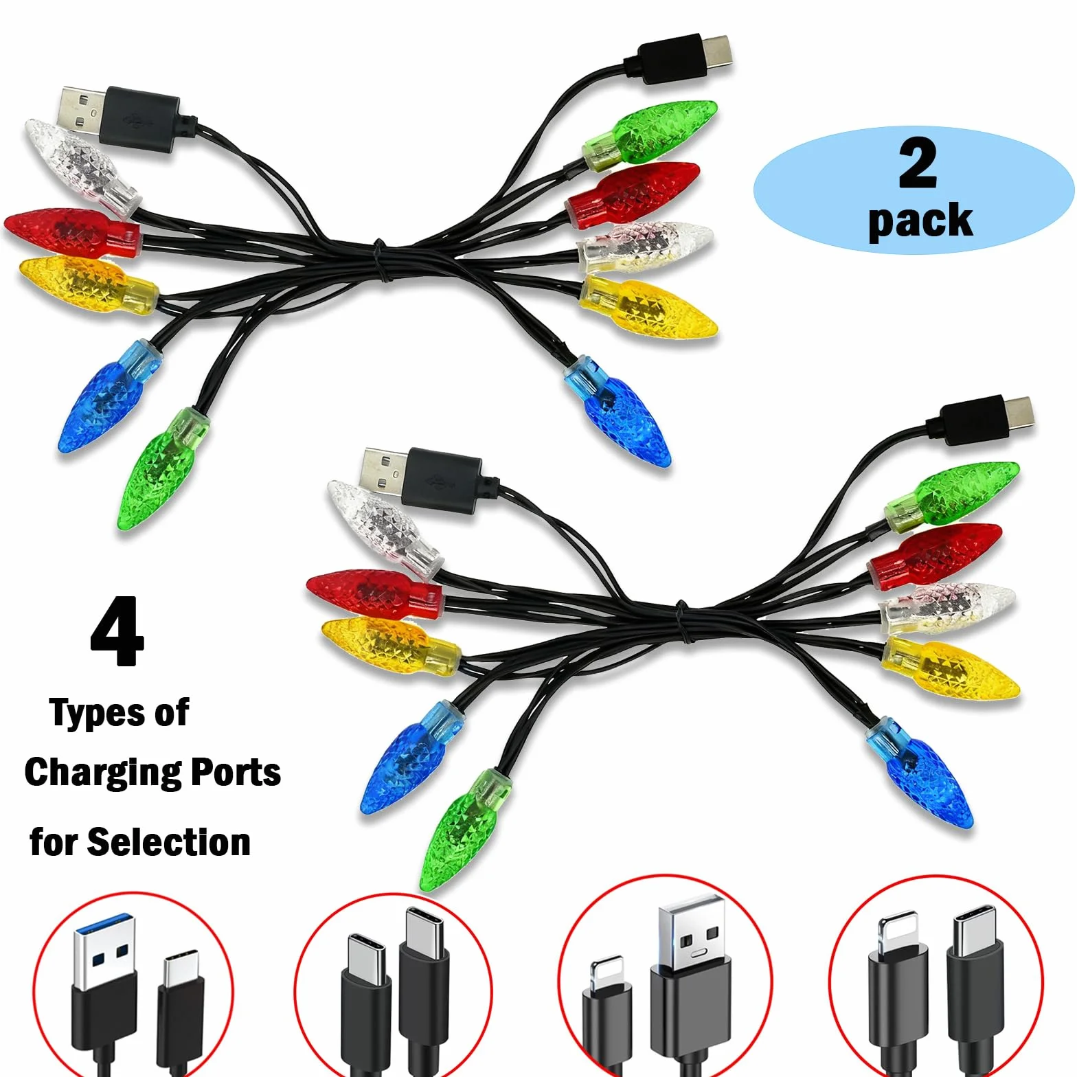 2 sztuki oświetlenia bożonarodzeniowego, kabel do ładowania telefonu komórkowego, 140 cm USB-A na Lightning, kabel do ładowania z 10 lampkami LED, kabel do ładowania na urlopie, kompatybilny z