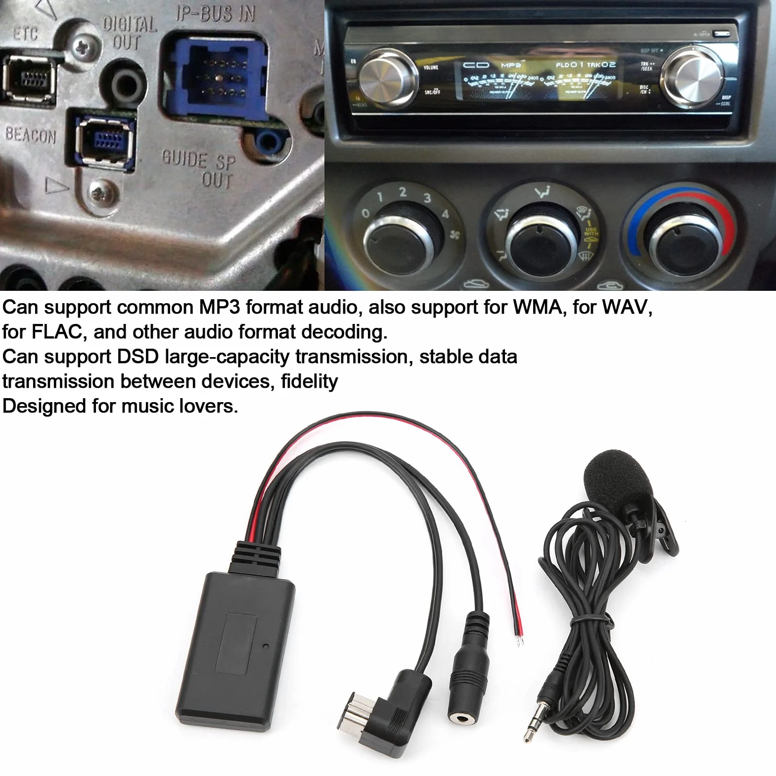 Akozon Kabel Audio AUX, Samochodowy Mikrofon Stereofoniczny Bluetooth 5.0 z Zamiennikiem Kabla Audio AUX do Radia Pioneer IP-BUS Adapter AUX