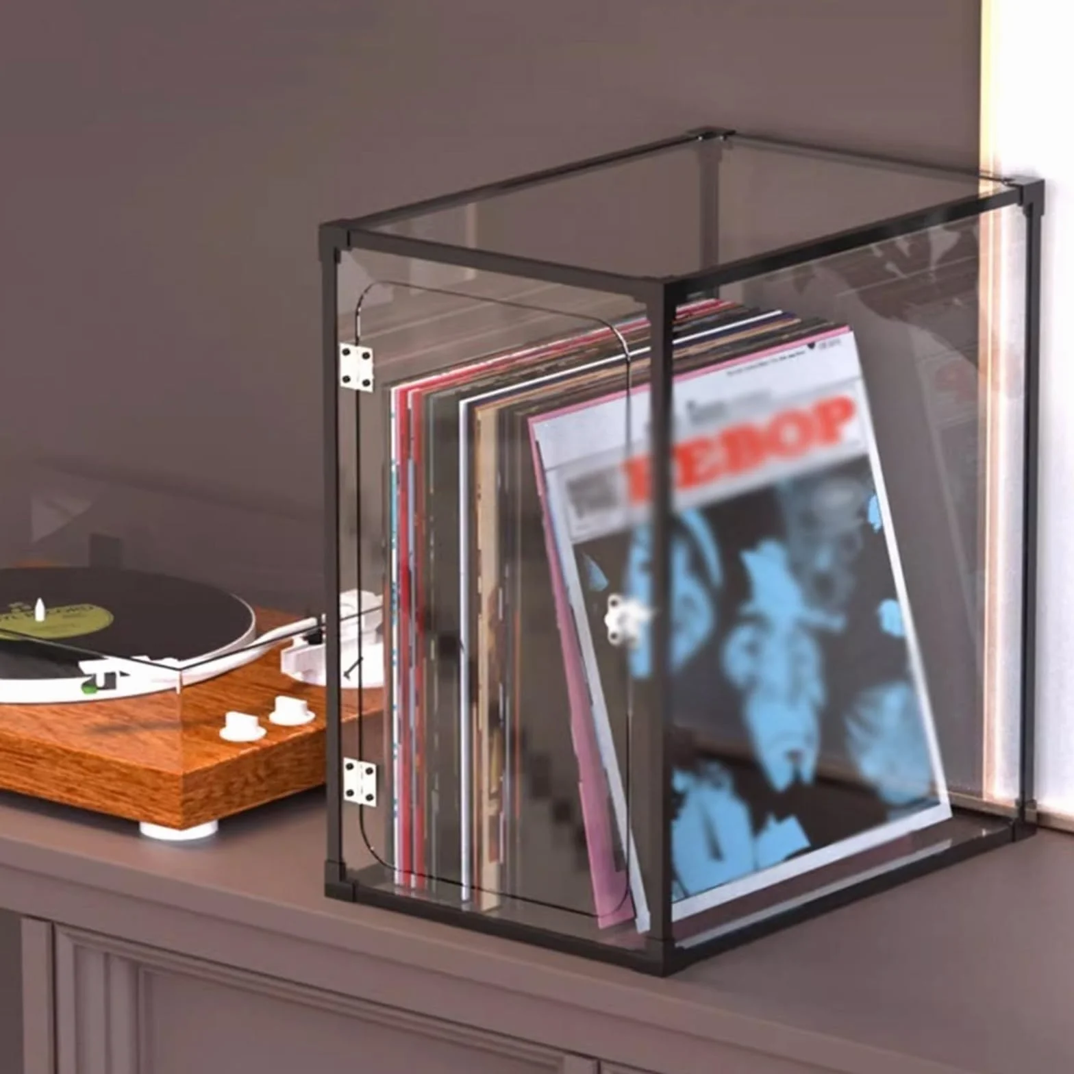 Stojak do przechowywania płyt CD, skrzynka do przechowywania płyt winylowych, etui do przechowywania płyt LP z ramą ze stopu aluminium, osłona ze szkła organicznego, łatwy w instalacji stojak na płyty (kolor: Rosso)