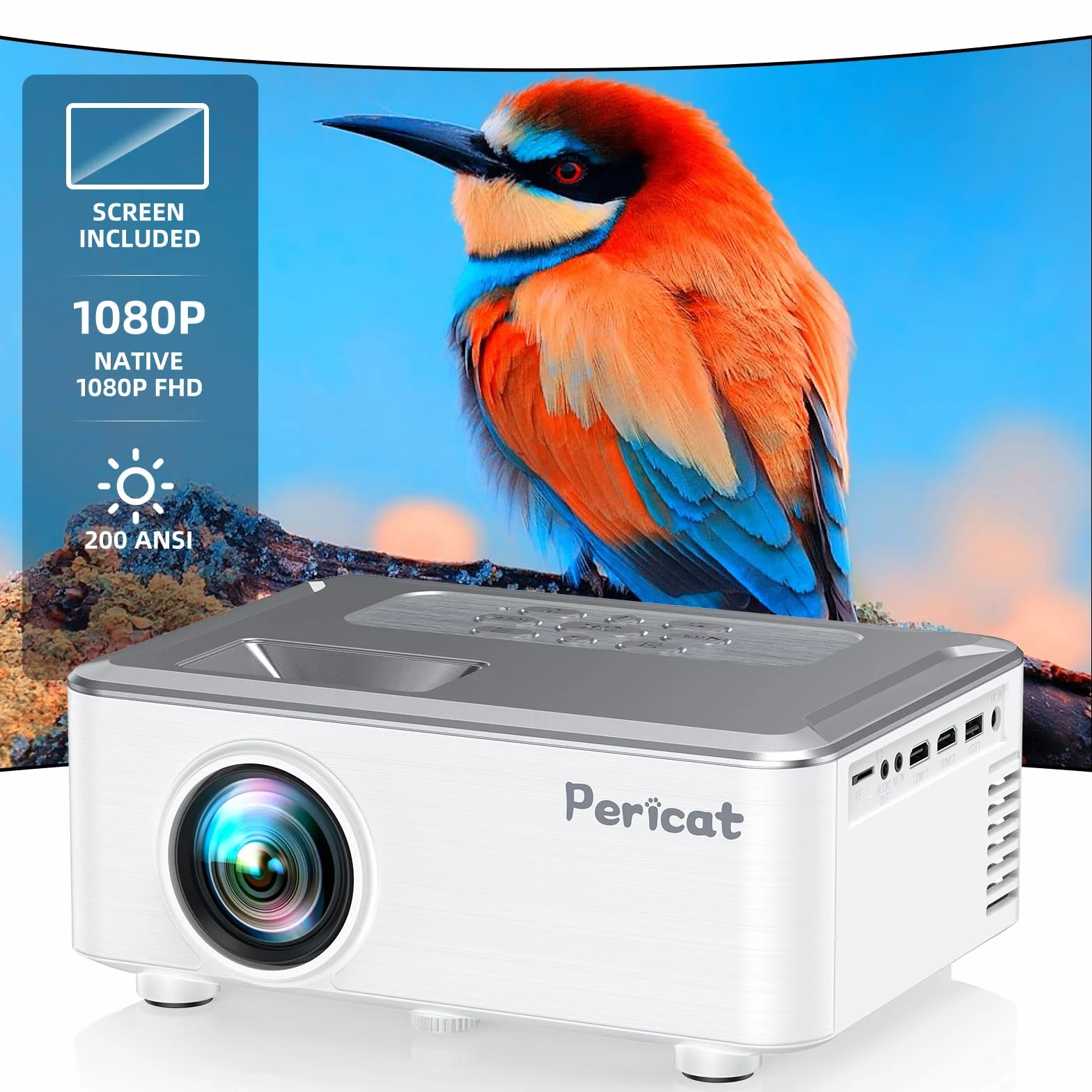 Projektor z Wi-Fi i Bluetooth, projektor zewnętrzny z ekranem 100 cali, projektor filmowy pericat 200 ANSI 1080P HD z wbudowanym głośnikiem 15 W, kompatybilny ze smartfonem, TV Stick, XBox, USB, HDMI