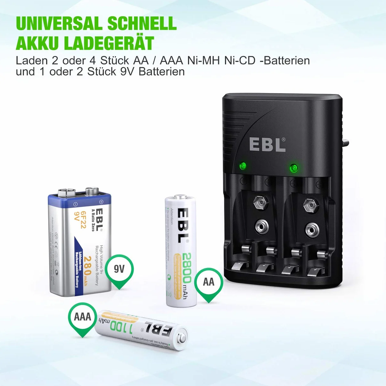 EBL Ładowarka do akumulatorów AA AAA 9 V NIMH, 4 gniazda ładowania Smart Plug, wielofunkcyjna ochrona, wyświetlacz LED, szybka ładowarka do AA AAA 9 V