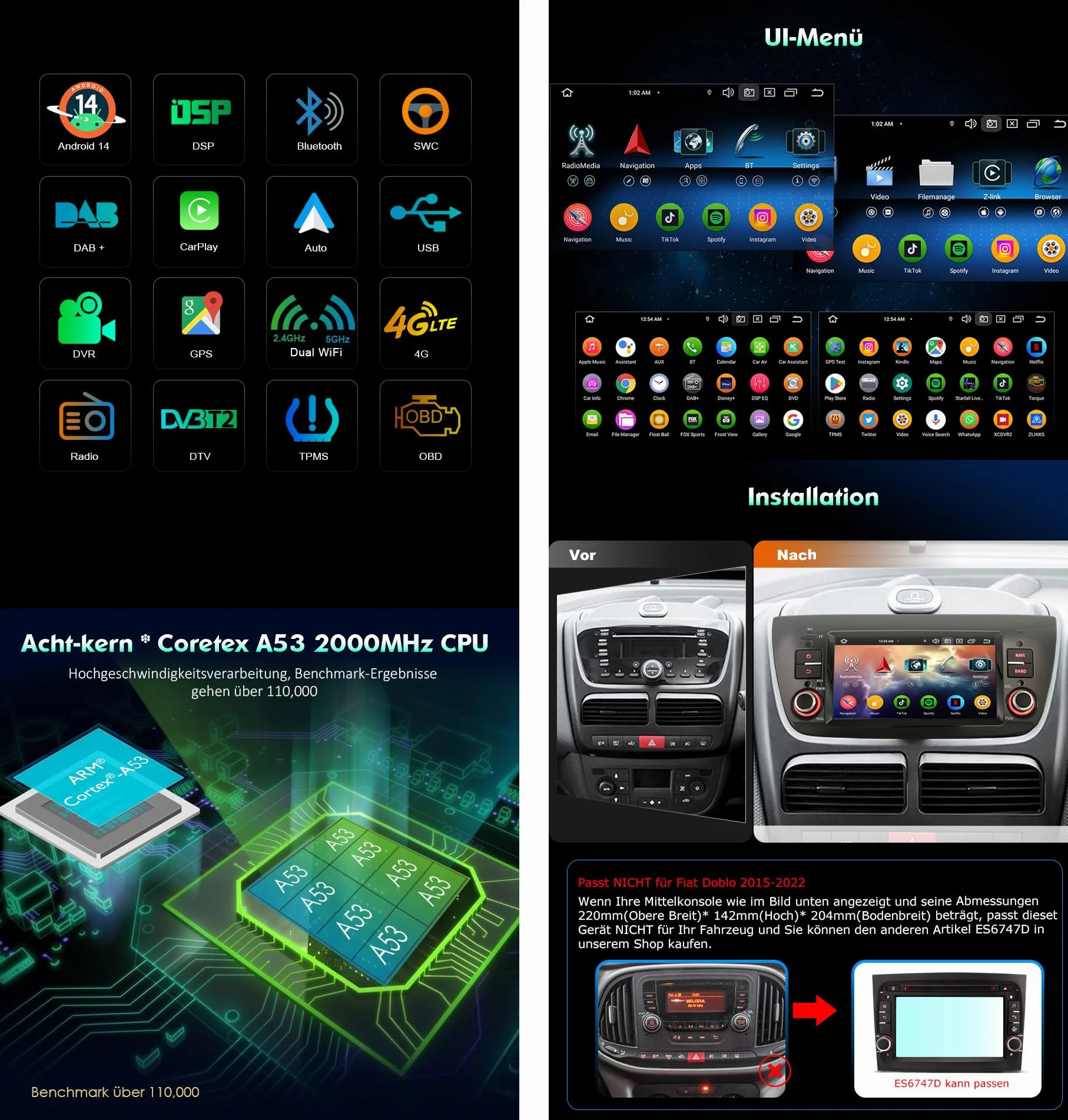 Erisin Radio samochodowe z systemem Android 14 z nawigacją GPS do FIAT Doblo, Opel Combo Tour D, obsługuje bezprzewodowe CarPlay Android Auto Bluetooth 5.0, WiFi 4G DAB+, USB FM RDS OBD2, DTV, Canbus