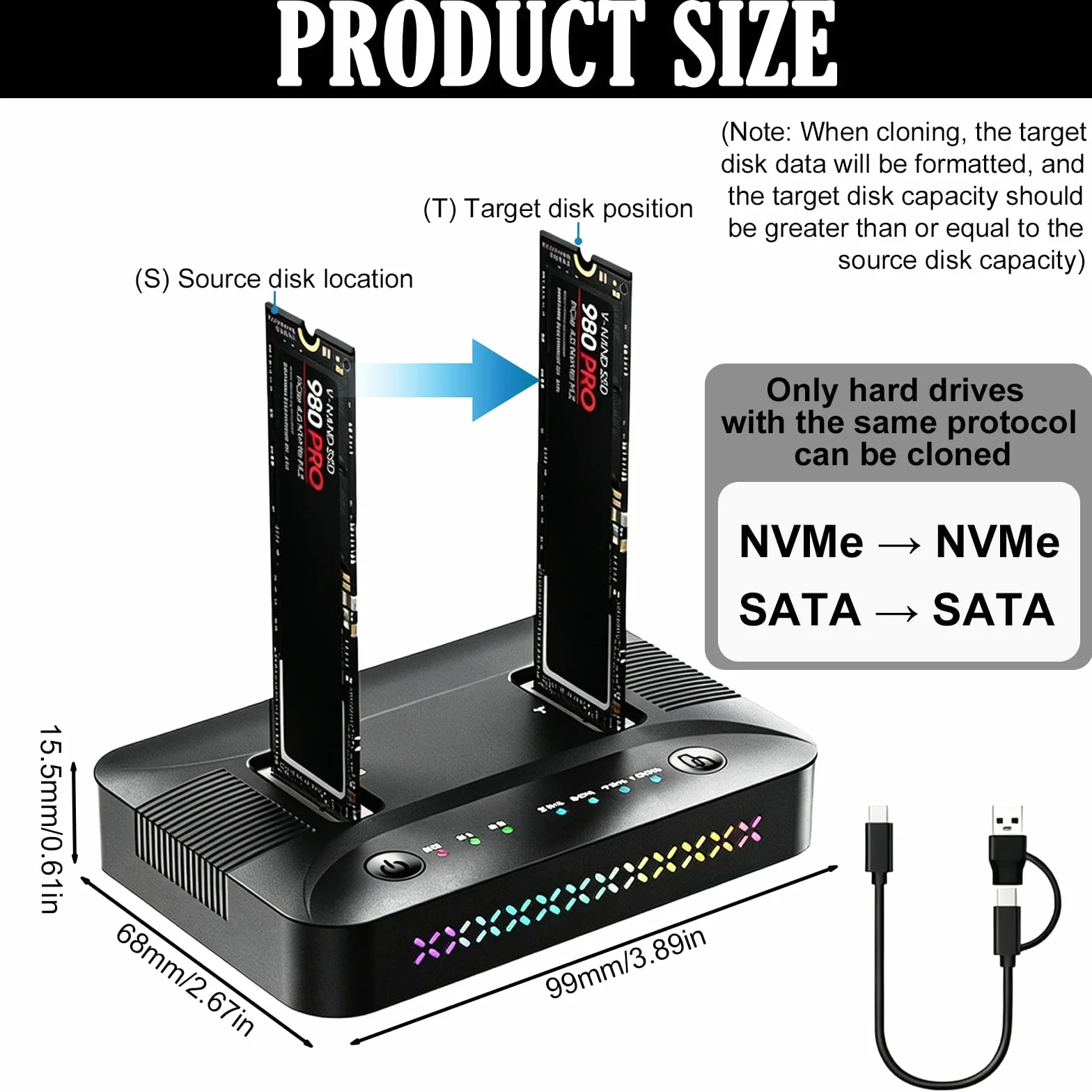 M.2 NVMe SATA SSD Clone Dock, USB 3.2 Gen 2 x 2 20 Gbps Dual Bay M2 NVMe SSD obudowa Docking Station Reader Duplicator z klonowaniem offline dyski twarde, stacja dokująca Clone Station do 2230/2242