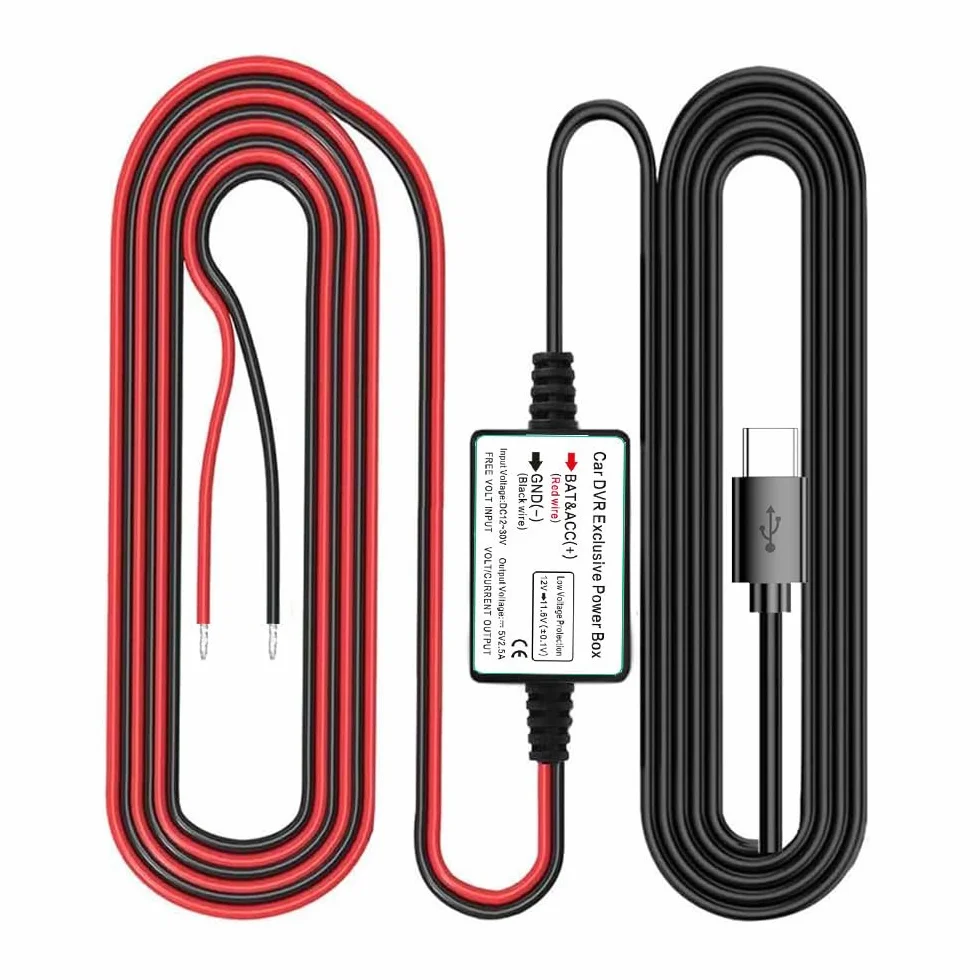 Gebildet Zestaw Przewodów do Kamery Samochodowej, Port Prostego złącza USB typu C, Zabezpieczenie przed Niskim Napięciem do Kamer Wideorejestracyjnych,12V do 24V DC do 5V/2.5A maks. z Bezpiecznikiem
