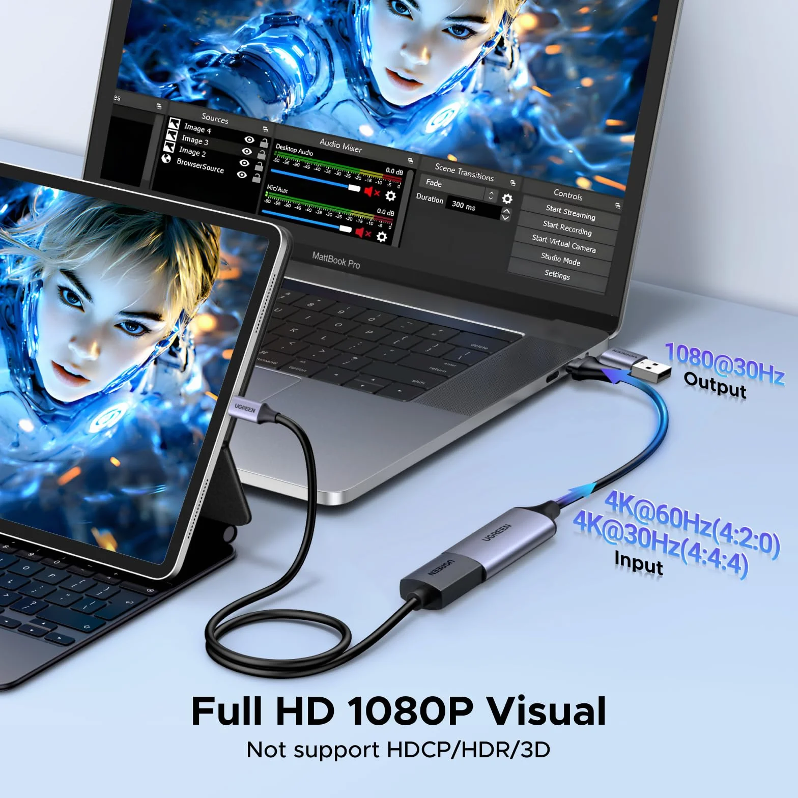 UGREEN Karta przechwytująca HDMI, HDMI na USB A+C 4K 30 Hz 1080P do gier, transmisji strumieniowej telewizji, nagrywarki Transmisja wideo na żywo Kompatybilna z laptopem, iPhonem 15 itp.