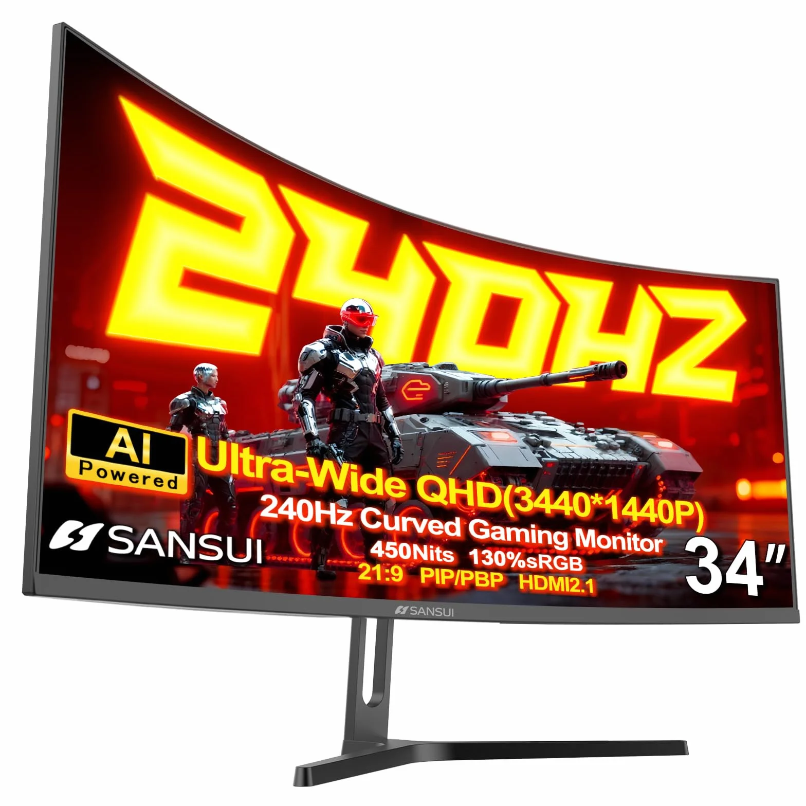 SANSUI Monitor do gier UltraWide UWQHD 3440 x 1440P 240 Hz, zakrzywiony monitor 21:9 2K 1500R, Fast VA, PIP/PBP, AI Crosshair, AIPQ (Visual Enhance), MPRT 1 ms, HDR, HDMI2.1*2, DP1.4 x 2 (oraz oraz