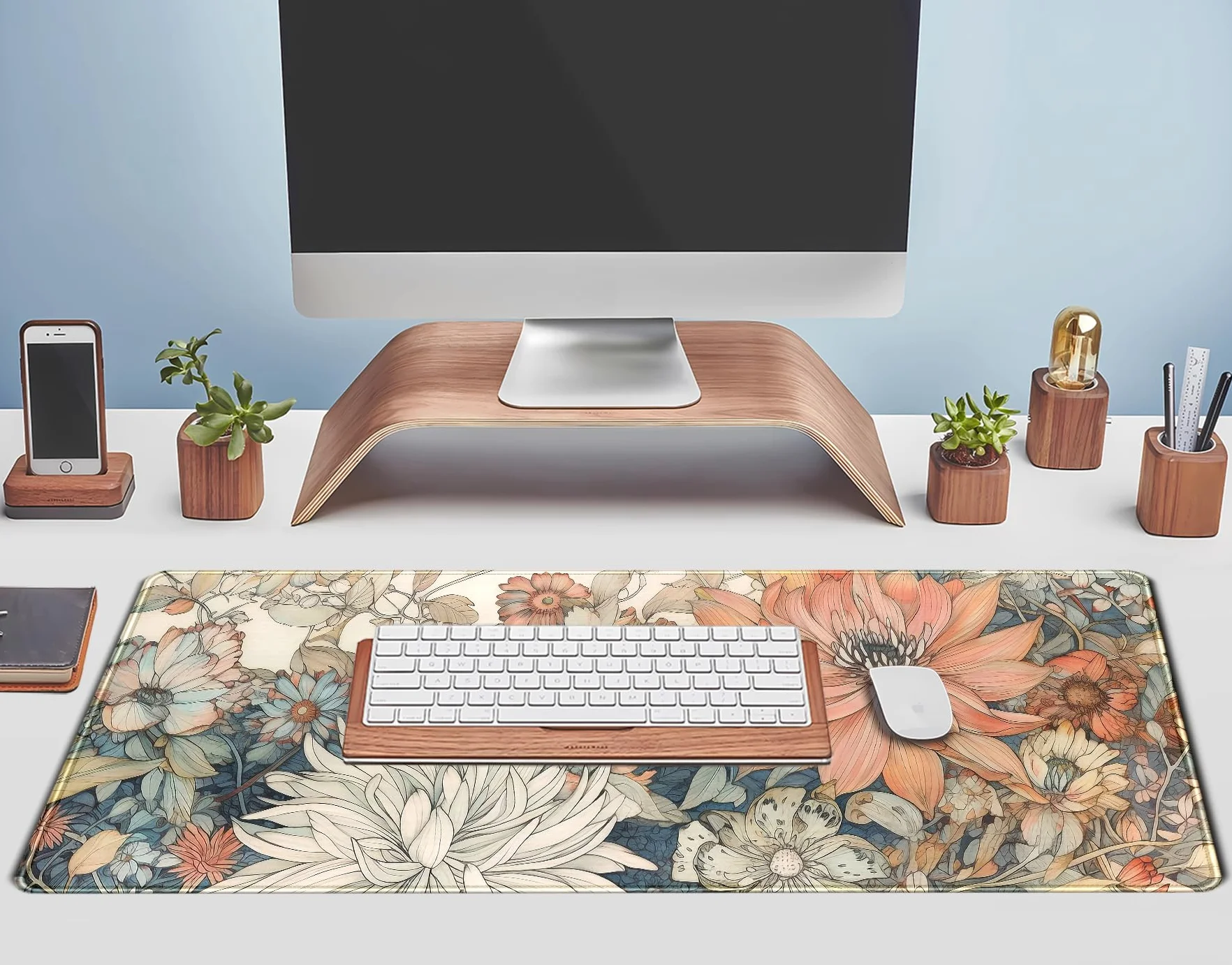 Japońska minimalistyczna kwiatowa mata na biurko estetyczna kwiaty XL duża rozszerzona podkładka pod mysz do gier z przeszytymi krawędziami, duży laptop klawiatura komputerowa i podkładka pod mysz dla