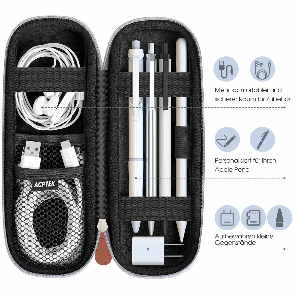 AGPTEK Etui na Apple Pencil, Premium sztuczna skóra etui ze szlufką na rysik etui ochronne do Samsung, Huawei, Surface Pro, z wbudowaną półką i pasującym do kabla USB, szare