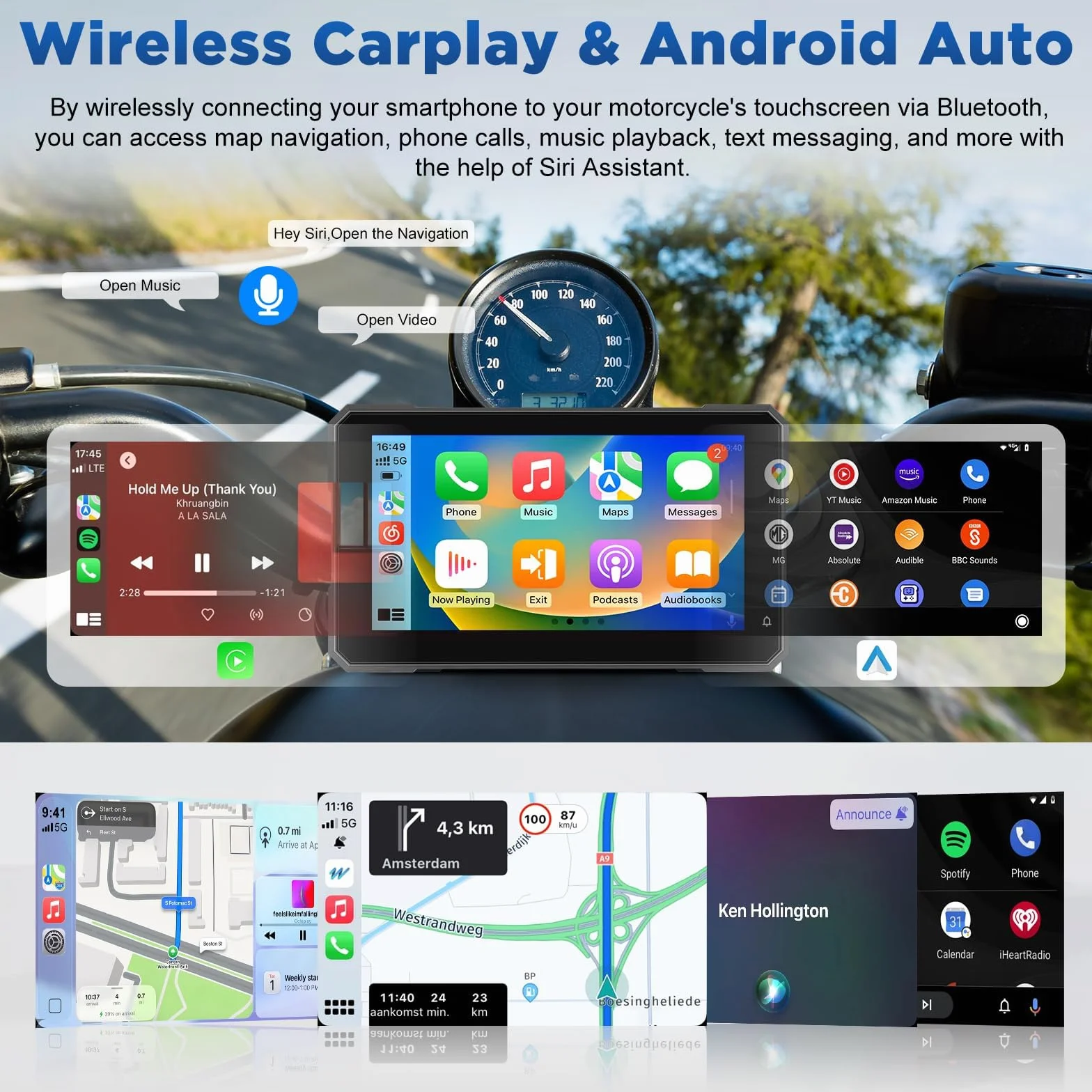 5-calowy wyświetlacz Motorfiets Carplay z bezprzewodowym CarPlay i Android Auto, wodoodporny IP67, 0z obsługą monitorowania ciśnienia w oponach, nawigacji GPS i sterowania głosowego – Nadaje się do