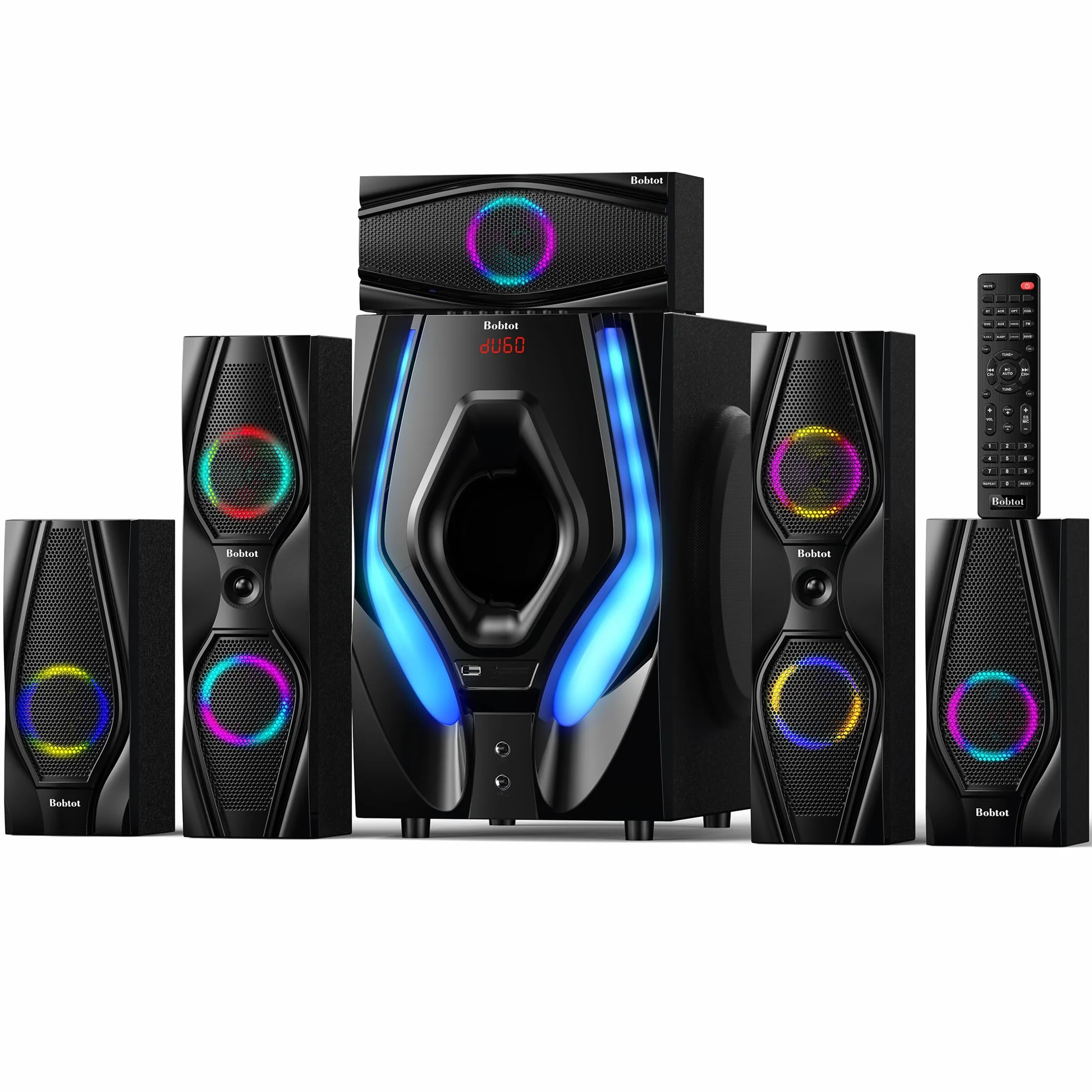 Bobtot System dźwięku przestrzennego kina domowego – 1200 W 10-calowy subwoofer 5.1-kanałowy system audio stereo z optycznym wejściem Bluetooth HDMI ARC do telewizora 4K Ultra HD AV, DVD, radia FM