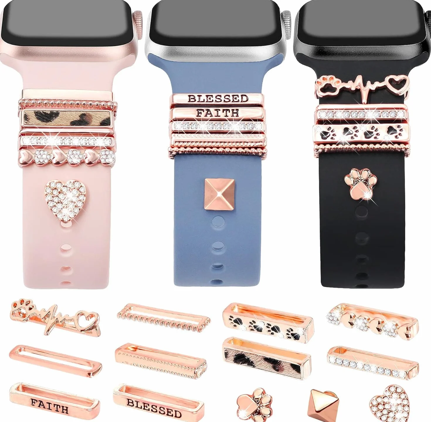 Super błyszczące zawieszki do zegarków z ozdobnymi pierścieniami, kompatybilne z paskiem Apple Watch, metalowe diamentowe akcesoria przesuwne