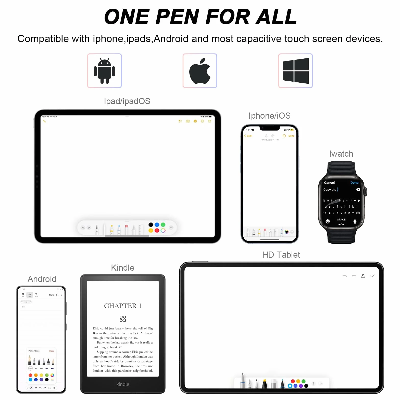 ELZO Rysik do tabletów i telefonów komórkowych, Apple iPad, iPhone, Samsung, Surface, Lenovo, Xiaomi, Chromebook, Huawei, Android, iOS
