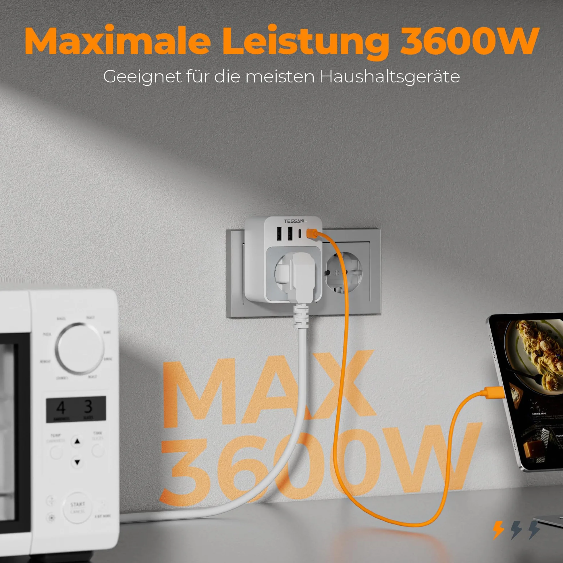 TESSAN Adapter USB C 15W płaskie gniazdo 3600W wielokrotna wtyczka gniazdko ścienne szary